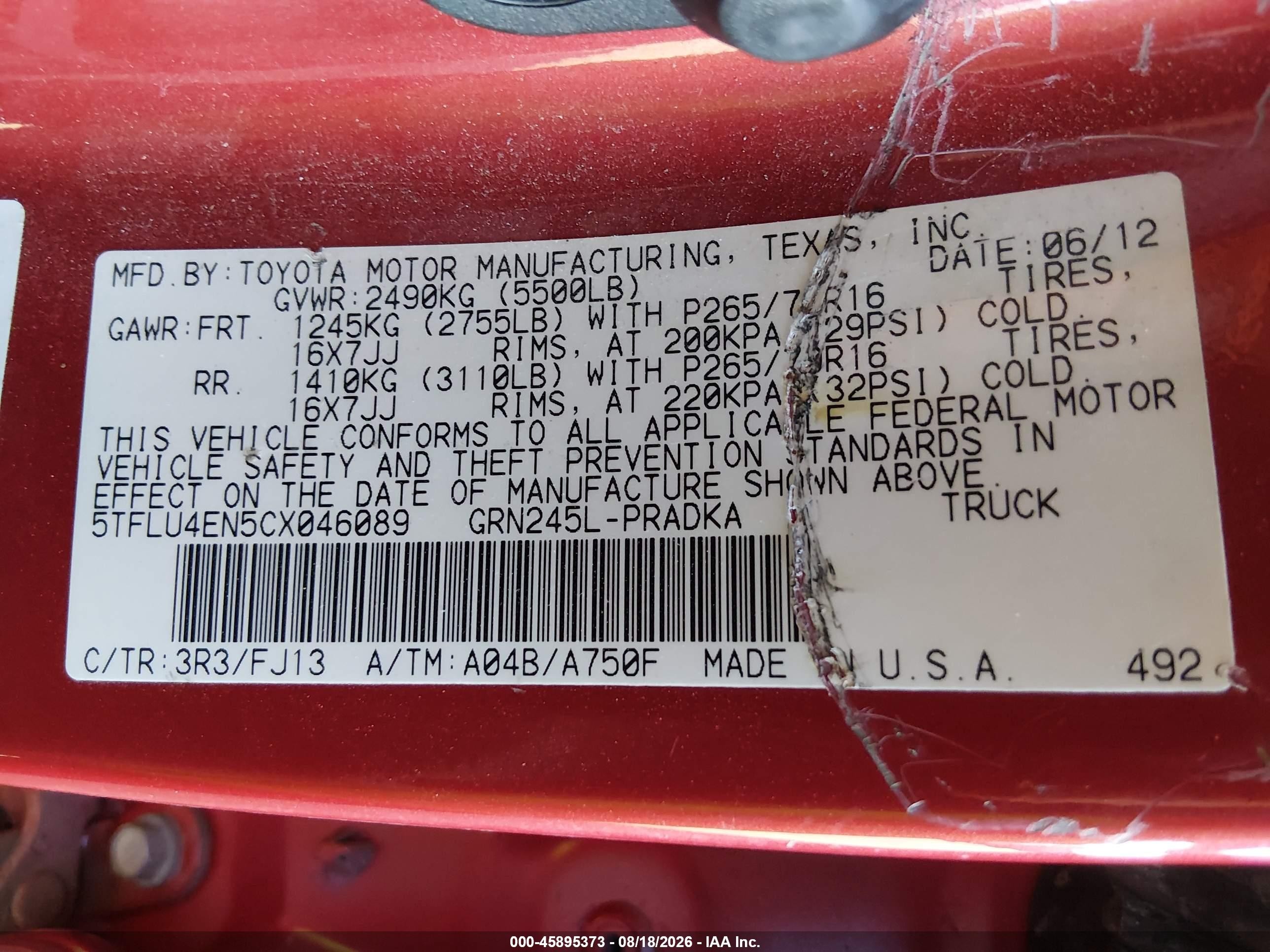 2012 Toyota Tacoma Base V6 Red vin: 5TFLU4EN5CX046089
