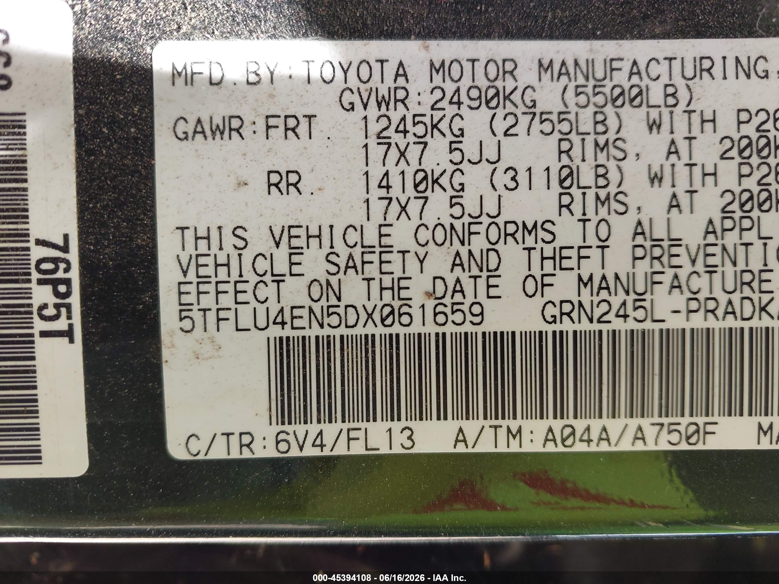 2013 Toyota Tacoma Base V6 Green vin: 5TFLU4EN5DX061659