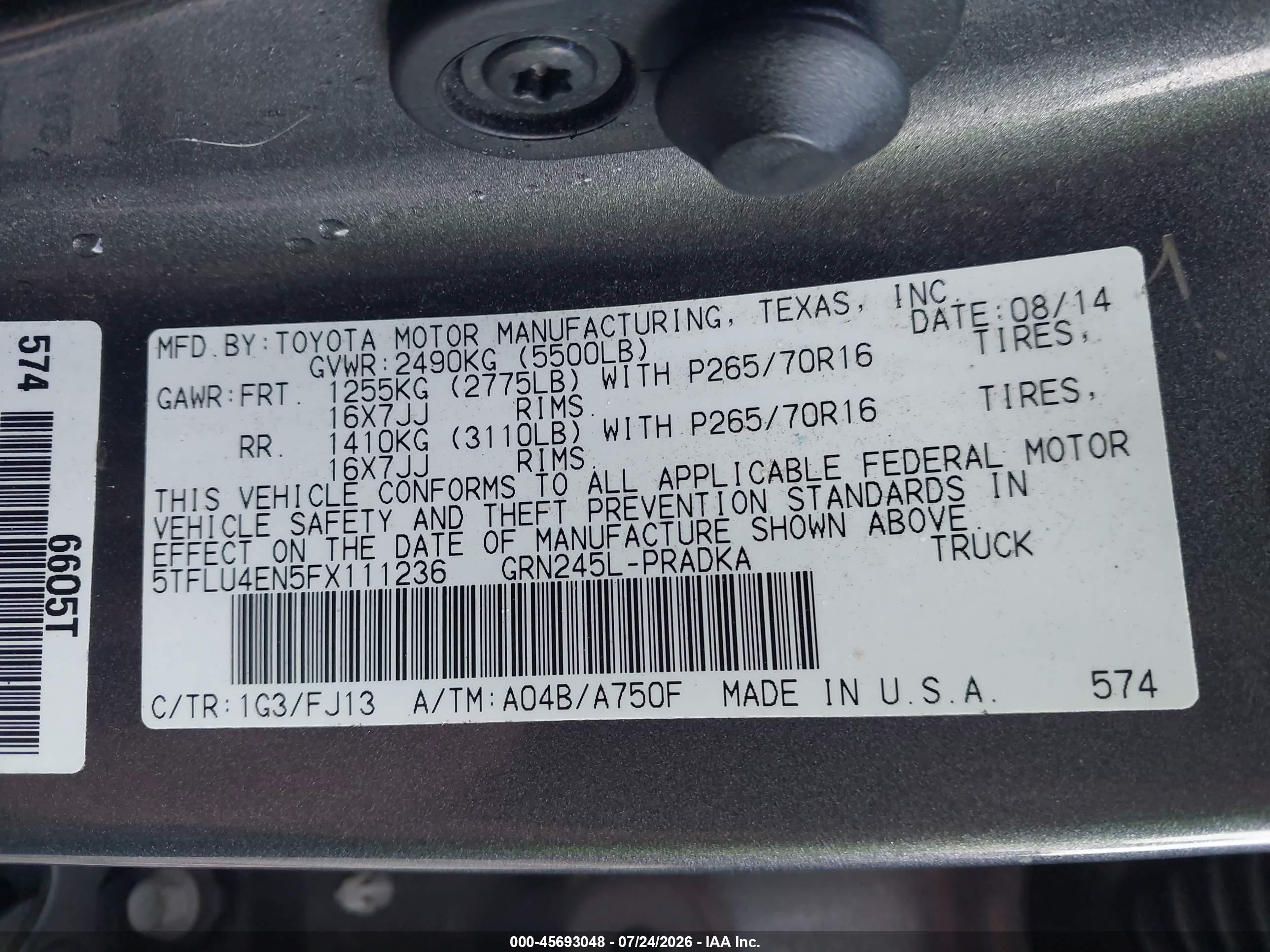 2015 Toyota Tacoma Base V6 Gray vin: 5TFLU4EN5FX111236