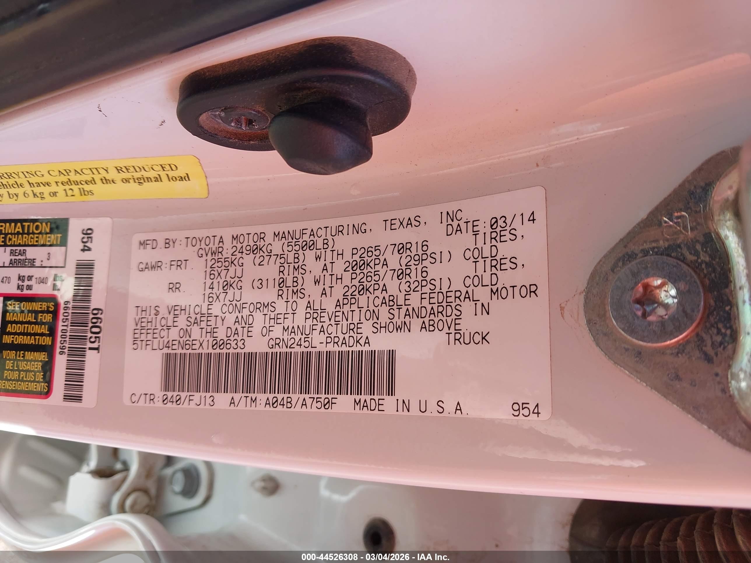 2014 Toyota Tacoma Base V6 Белый vin: 5TFLU4EN6EX100633