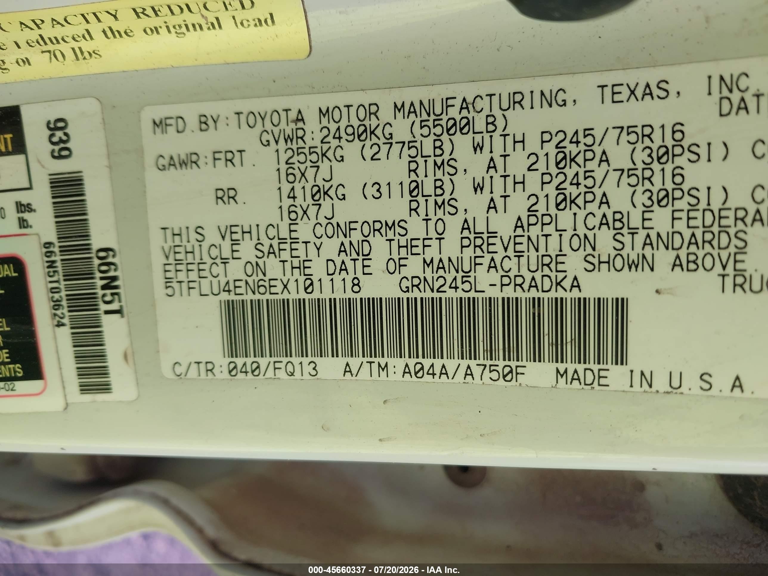 2014 Toyota Tacoma Base V6 White vin: 5TFLU4EN6EX101118