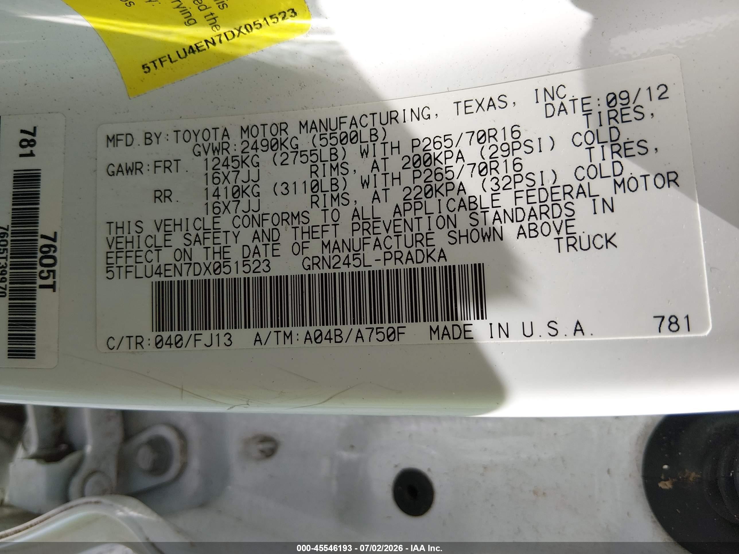2013 Toyota Tacoma Base V6 White vin: 5TFLU4EN7DX051523