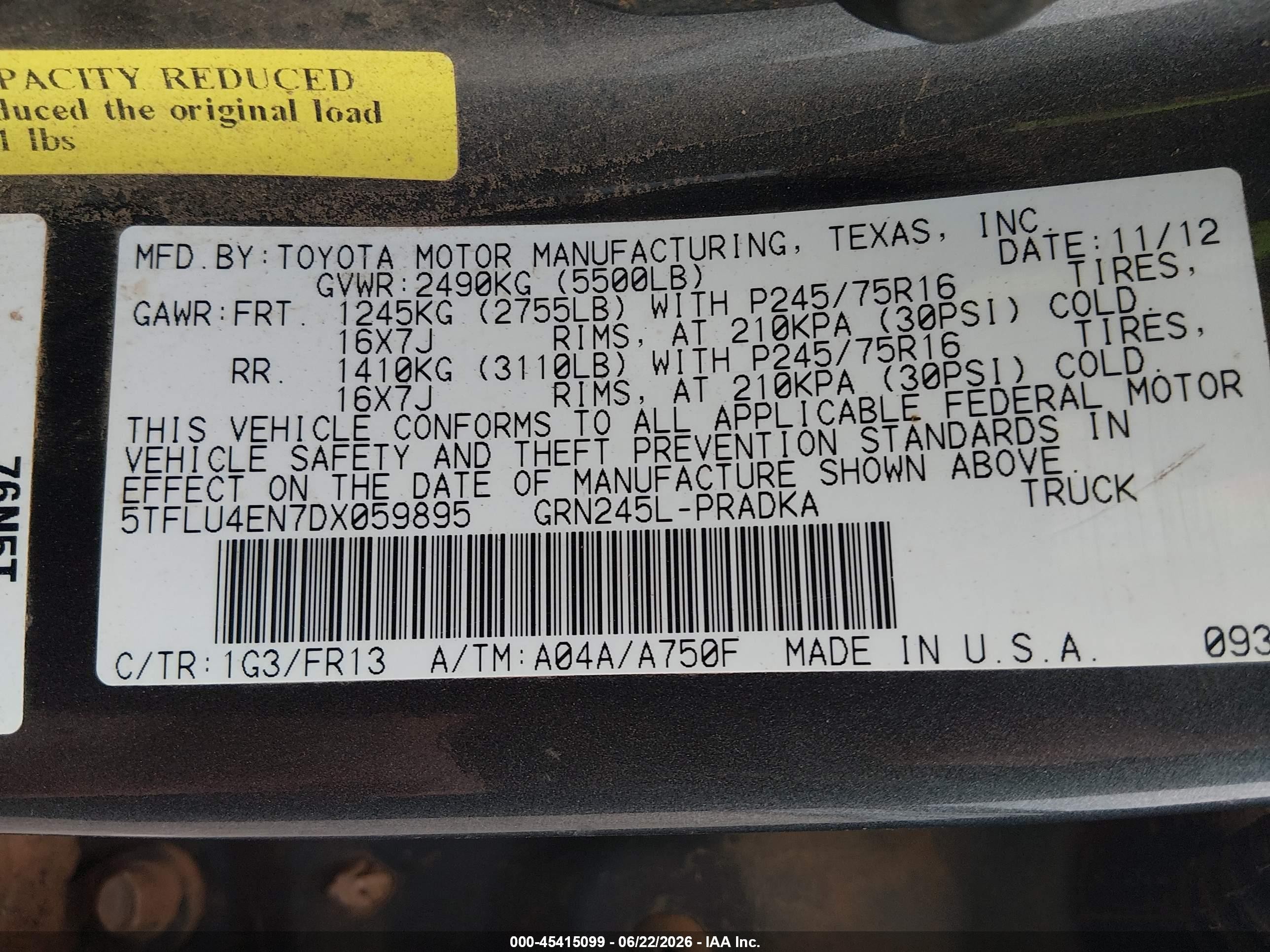 2013 Toyota Tacoma Base V6 Gray vin: 5TFLU4EN7DX059895