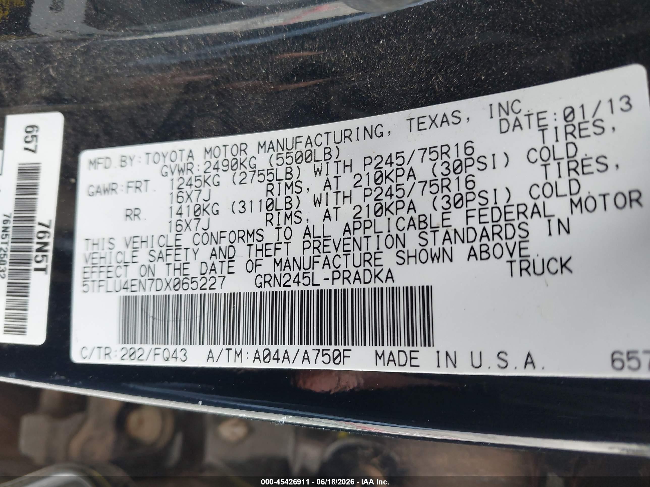 2013 Toyota Tacoma Base V6 Black vin: 5TFLU4EN7DX065227