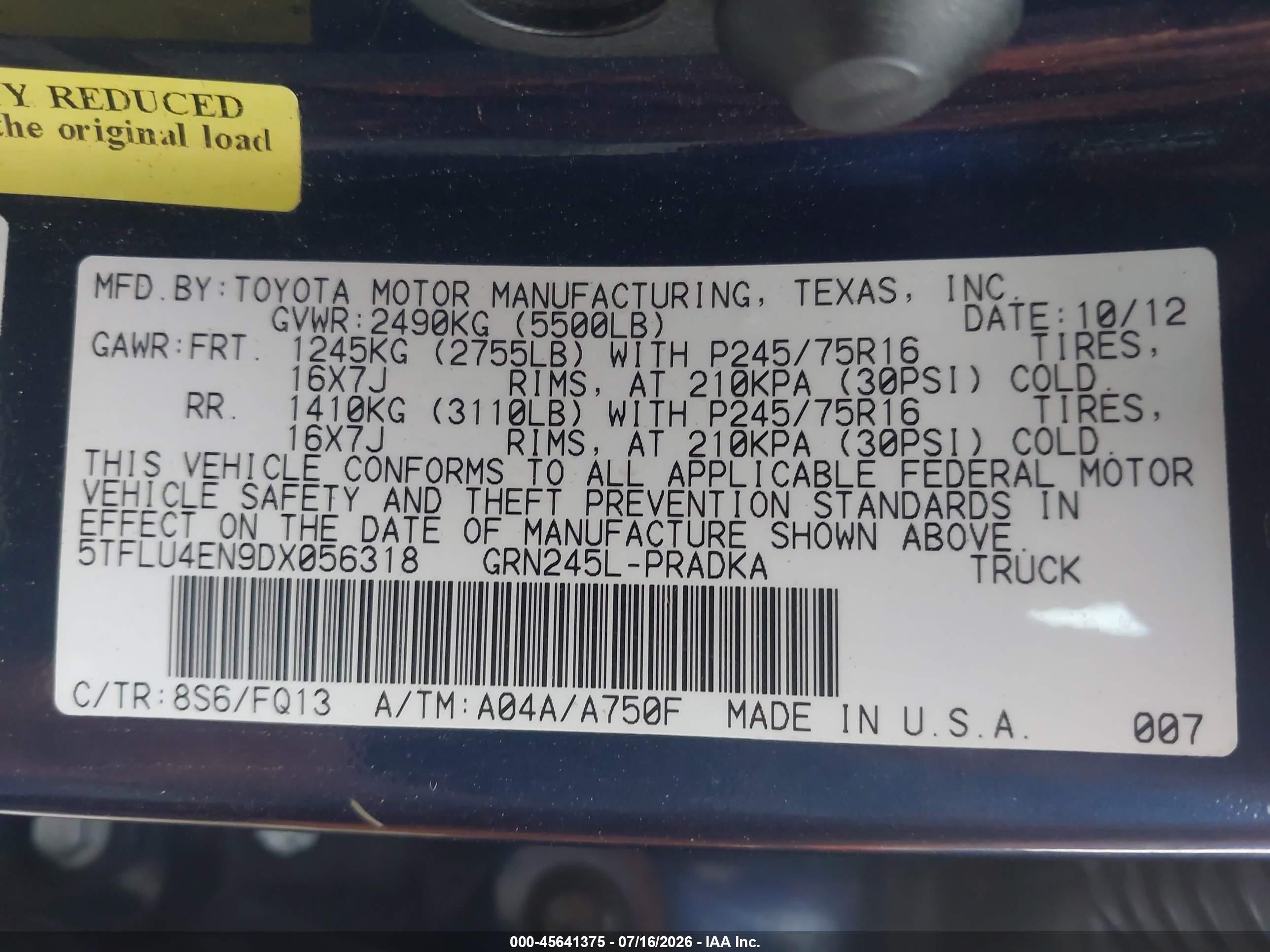 2013 Toyota Tacoma Base V6 Blue vin: 5TFLU4EN9DX056318