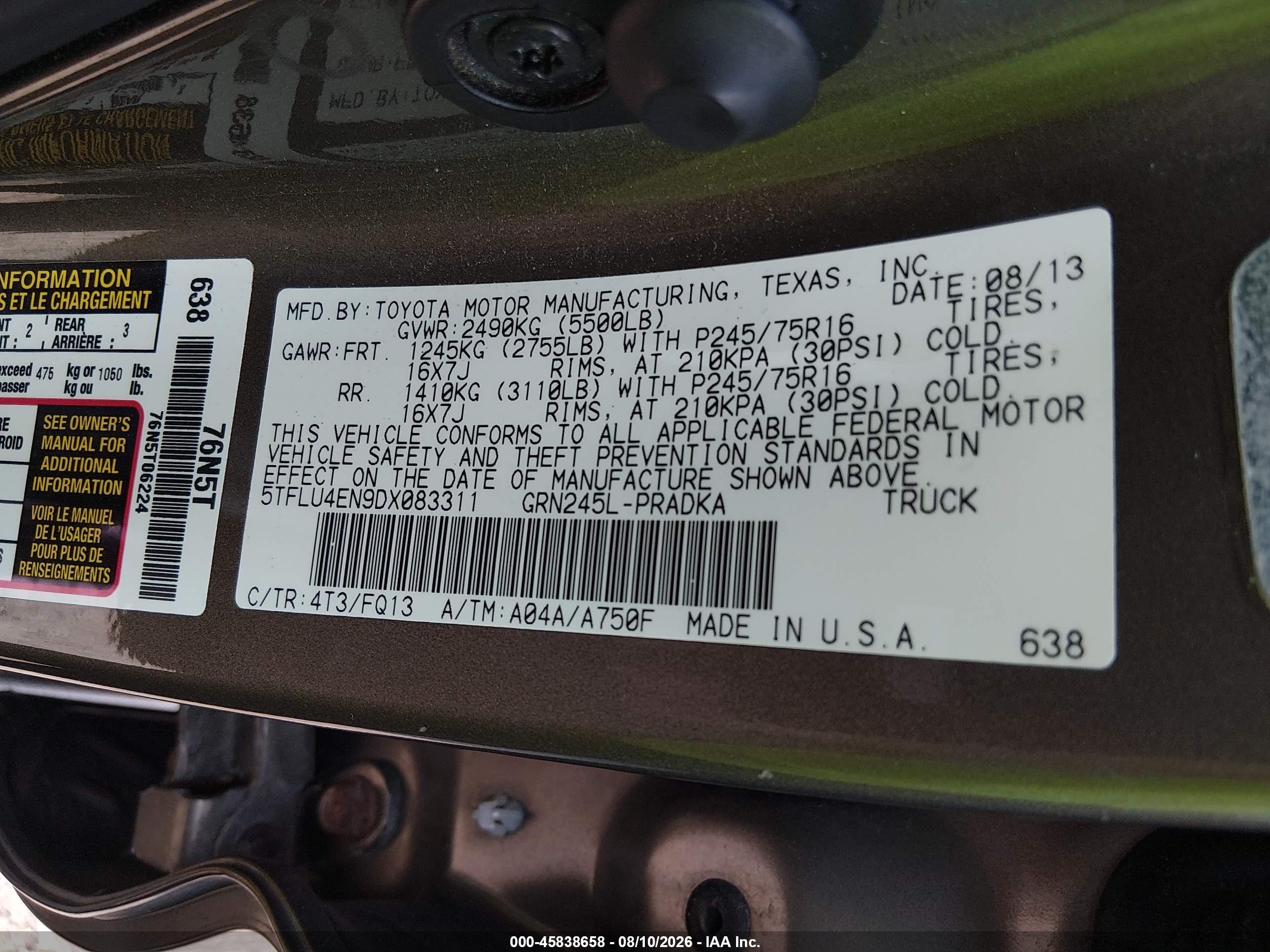 2013 Toyota Tacoma Base V6 Brown vin: 5TFLU4EN9DX083311