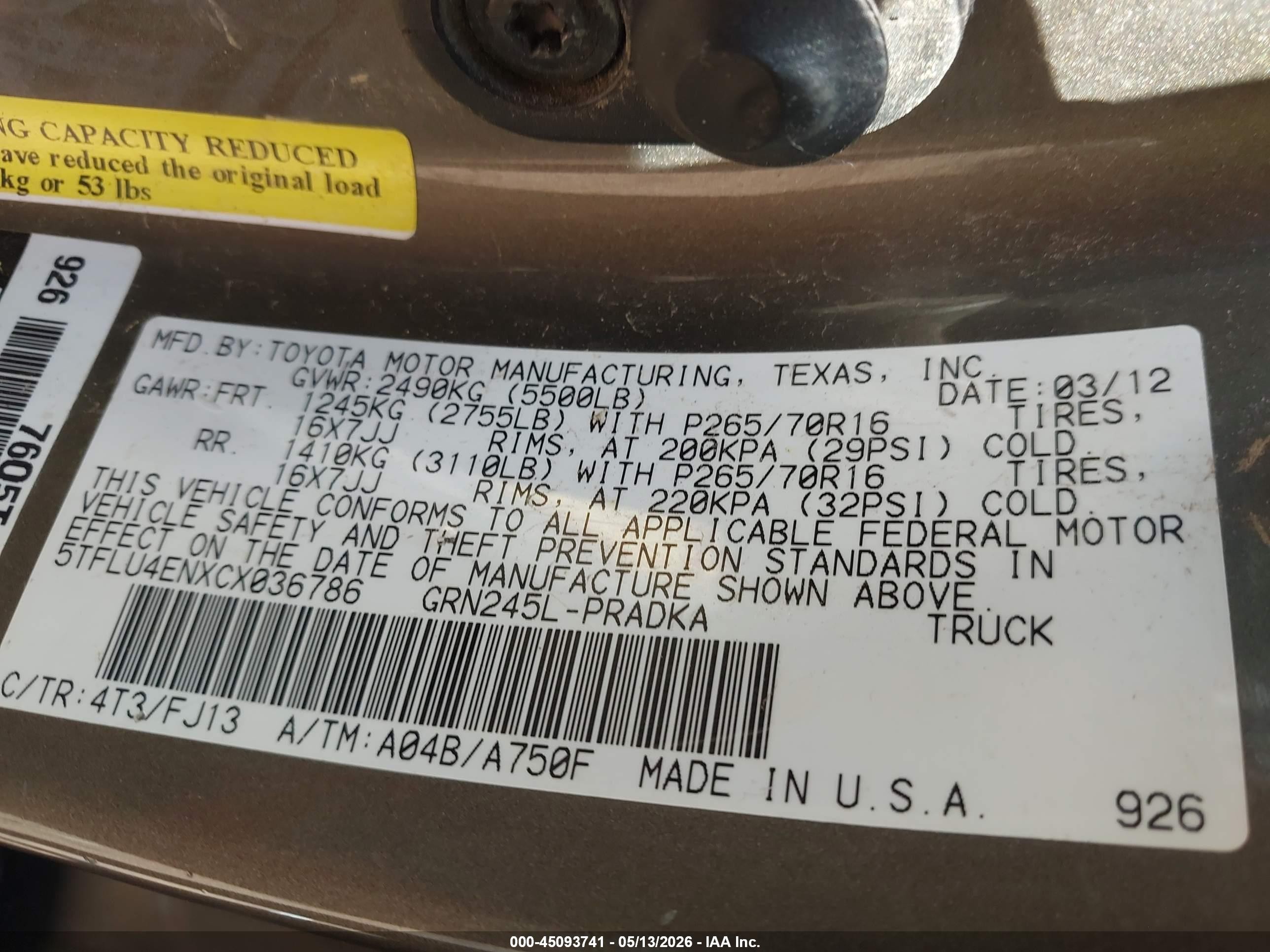 2012 Toyota Tacoma Base V6 Black vin: 5TFLU4ENXCX036786