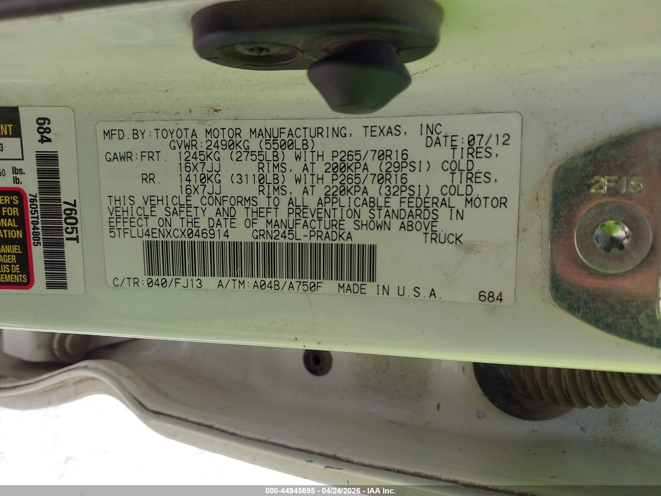 2012 Toyota Tacoma Base V6 White vin: 5TFLU4ENXCX046914