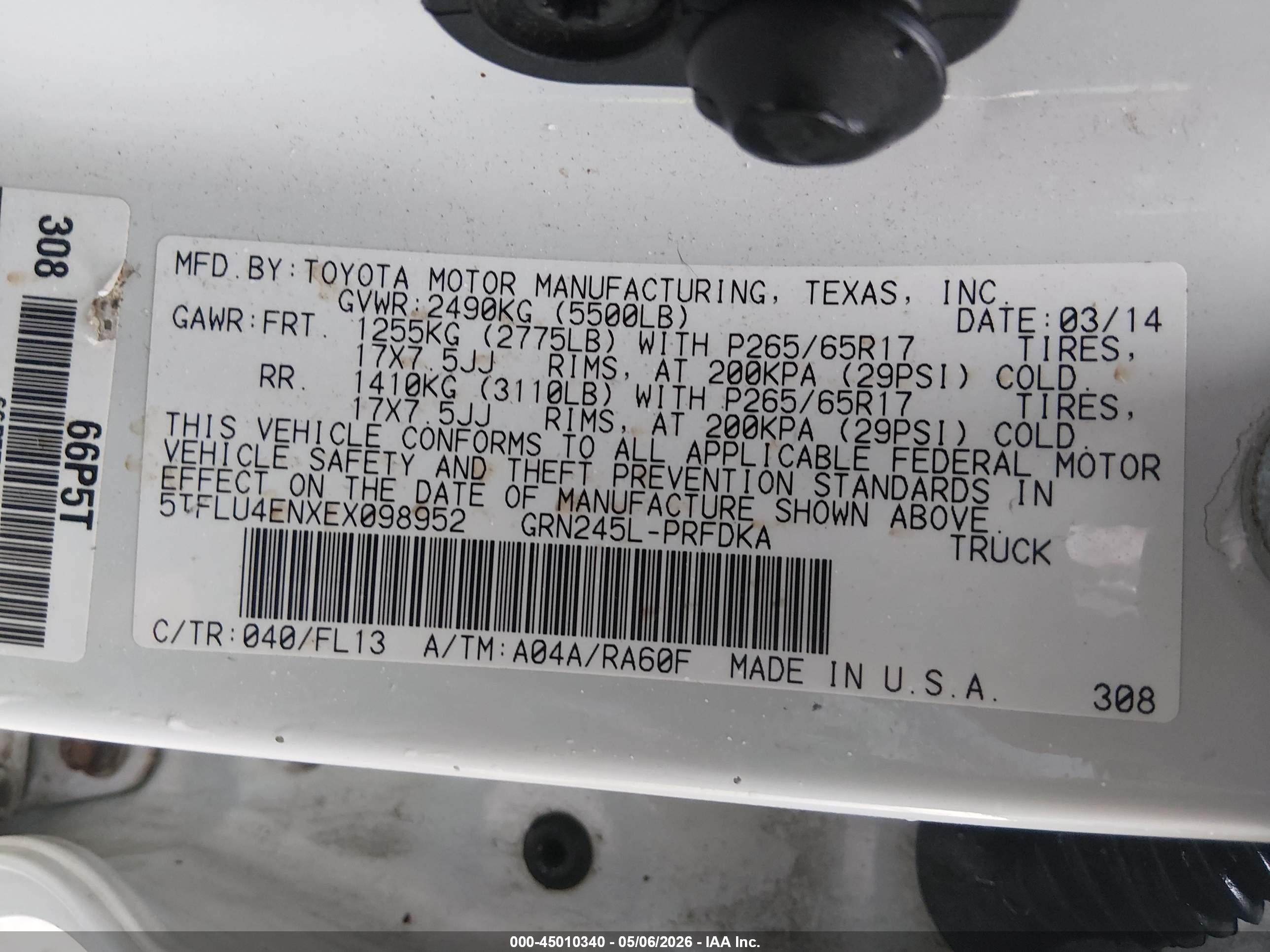 2014 Toyota Tacoma Base V6 White vin: 5TFLU4ENXEX098952