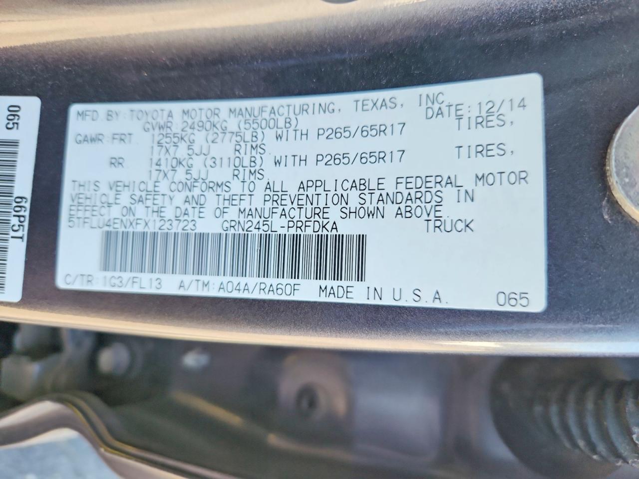 2015 Toyota Tacoma V6 Charcoal vin: 5TFLU4ENXFX123723