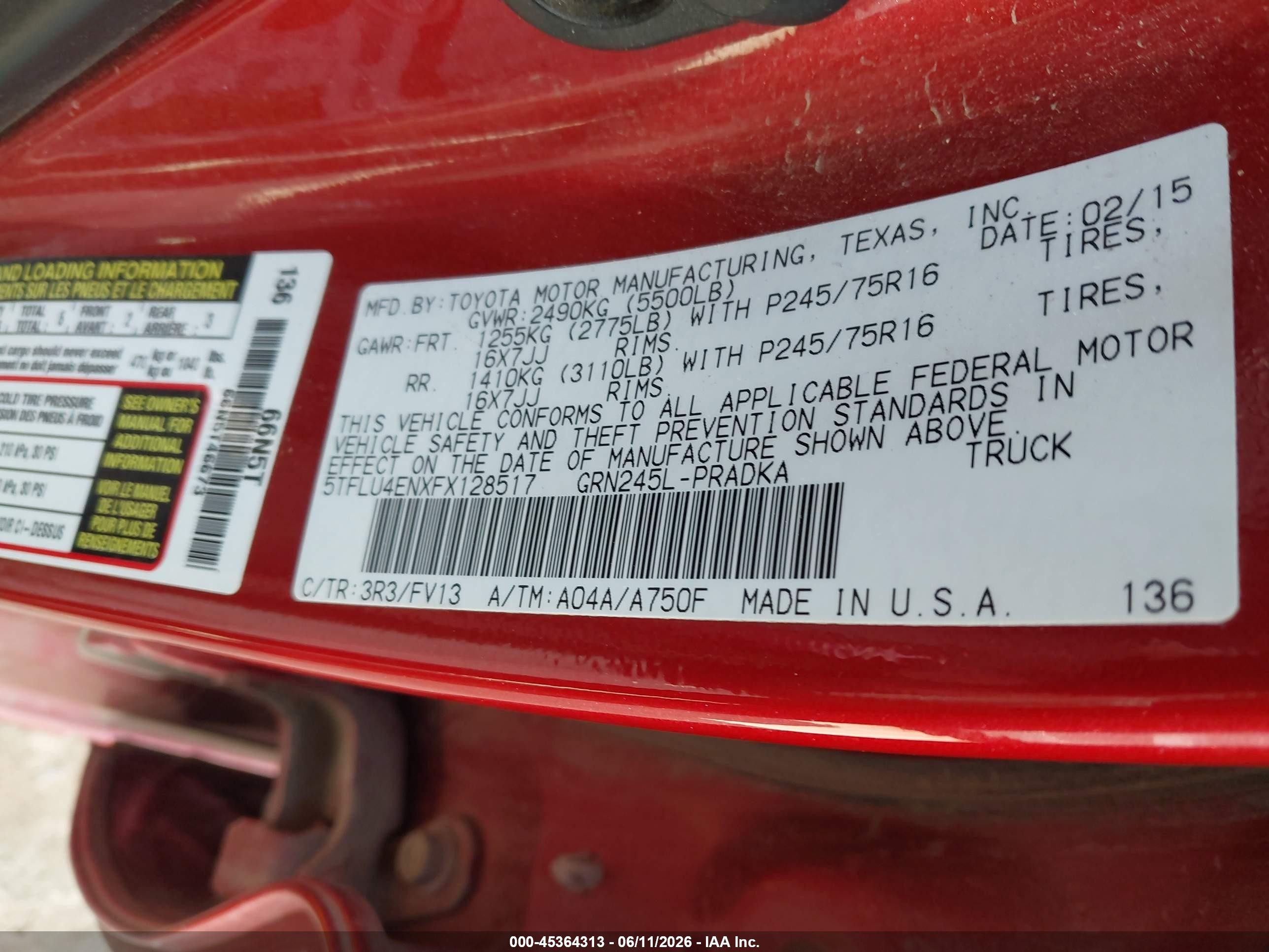2015 Toyota Tacoma Base V6 Red vin: 5TFLU4ENXFX128517