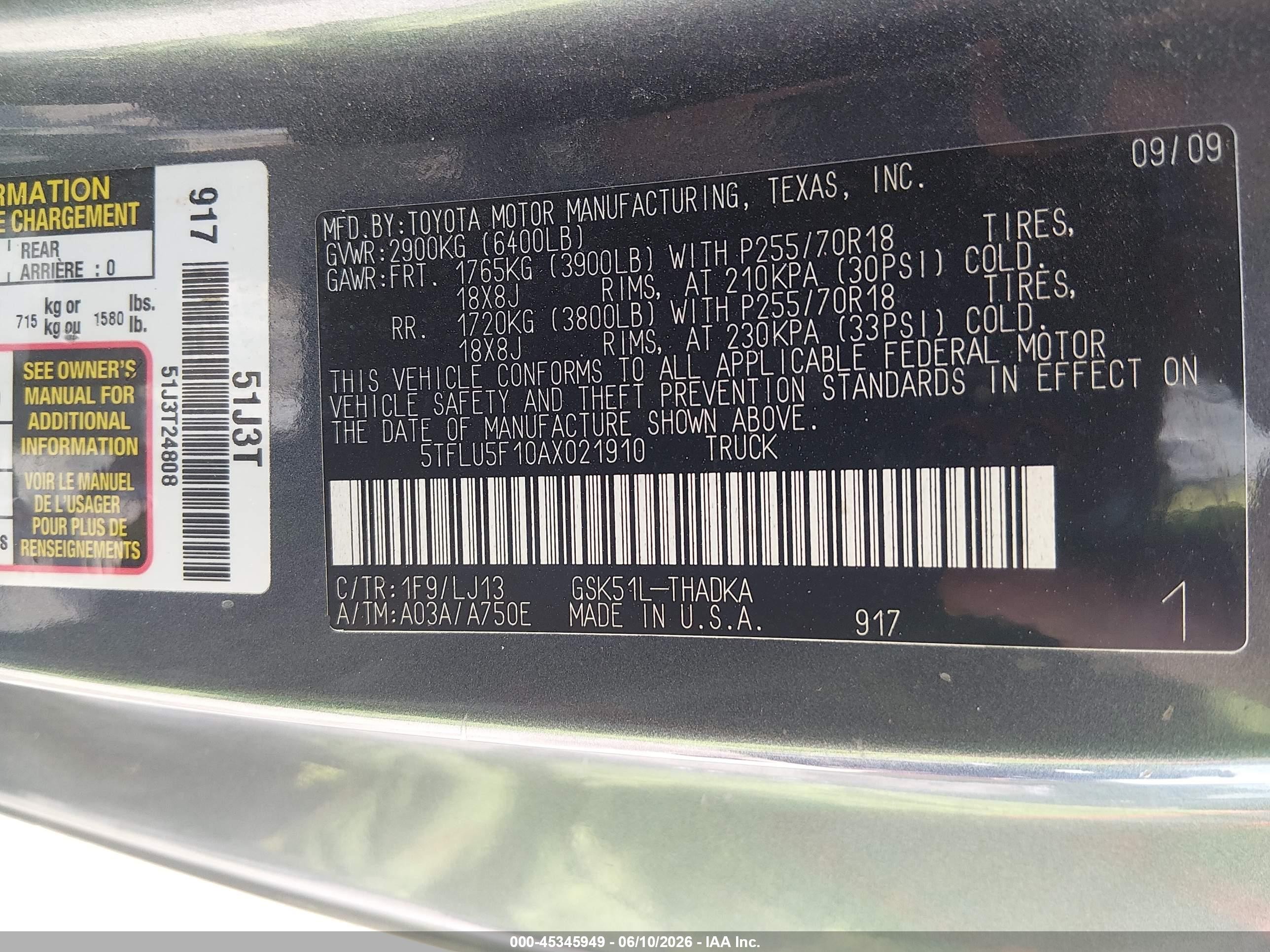2010 Toyota Tundra Grade V6 Gray vin: 5TFLU5F10AX021910