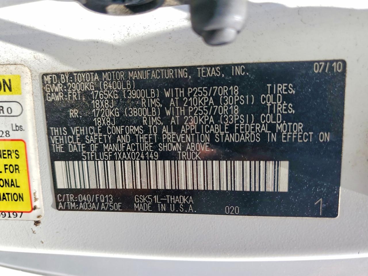 2010 Toyota Tundra Grade Белый vin: 5TFLU5F1XAX024149