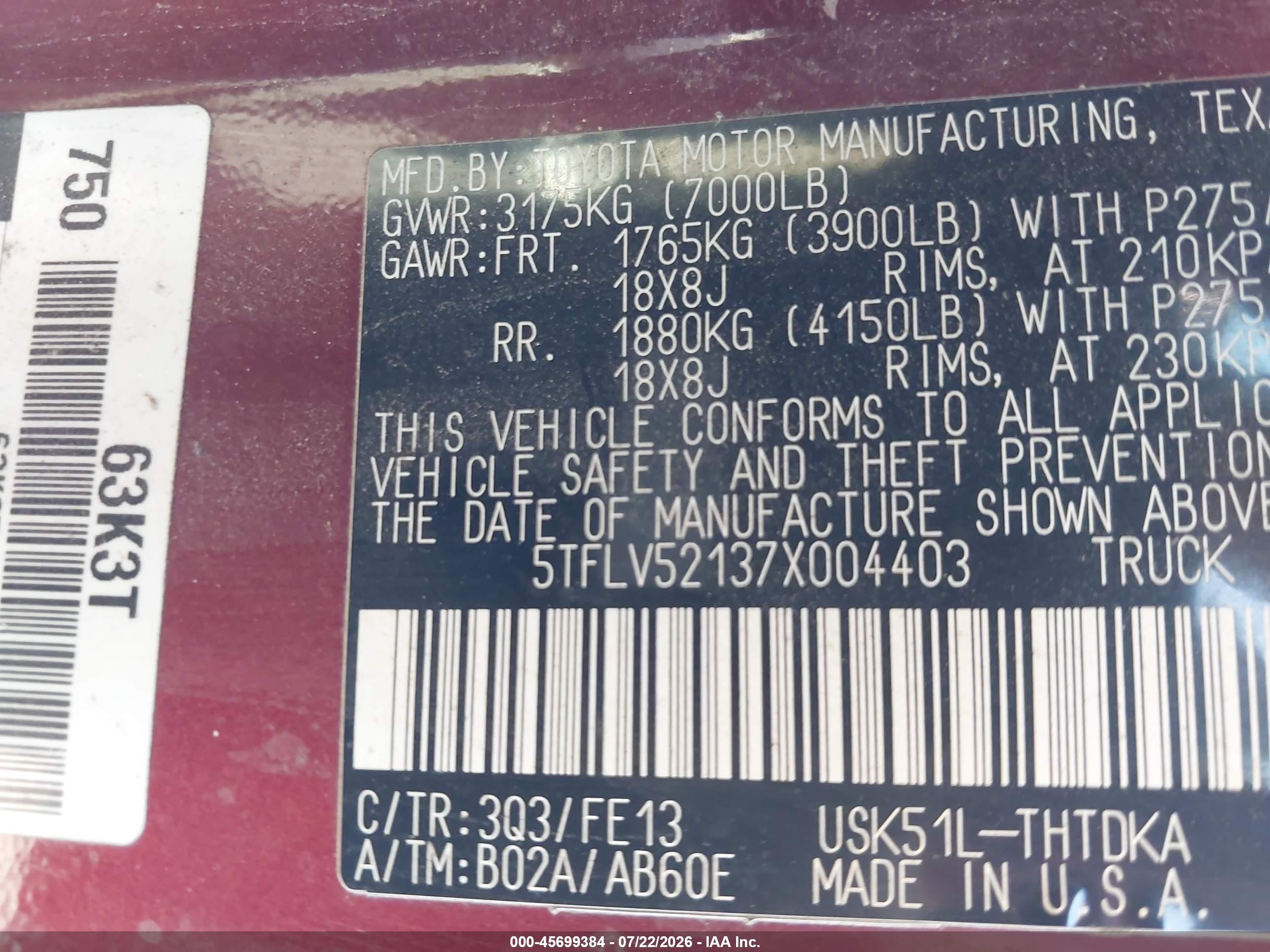 2007 Toyota Tundra Base 5.7l V8 Red vin: 5TFLV52137X004403
