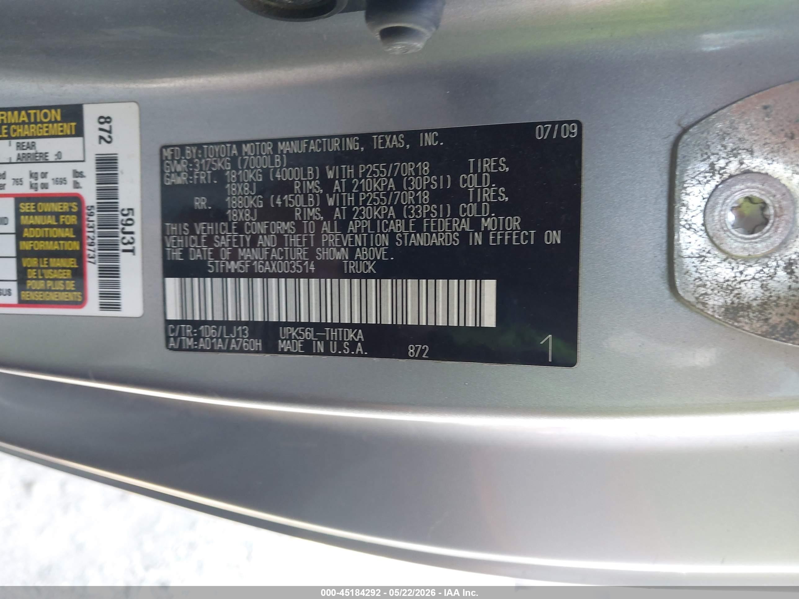 2010 Toyota Tundra Grade 4.6l V8 Silver vin: 5TFMM5F16AX003514