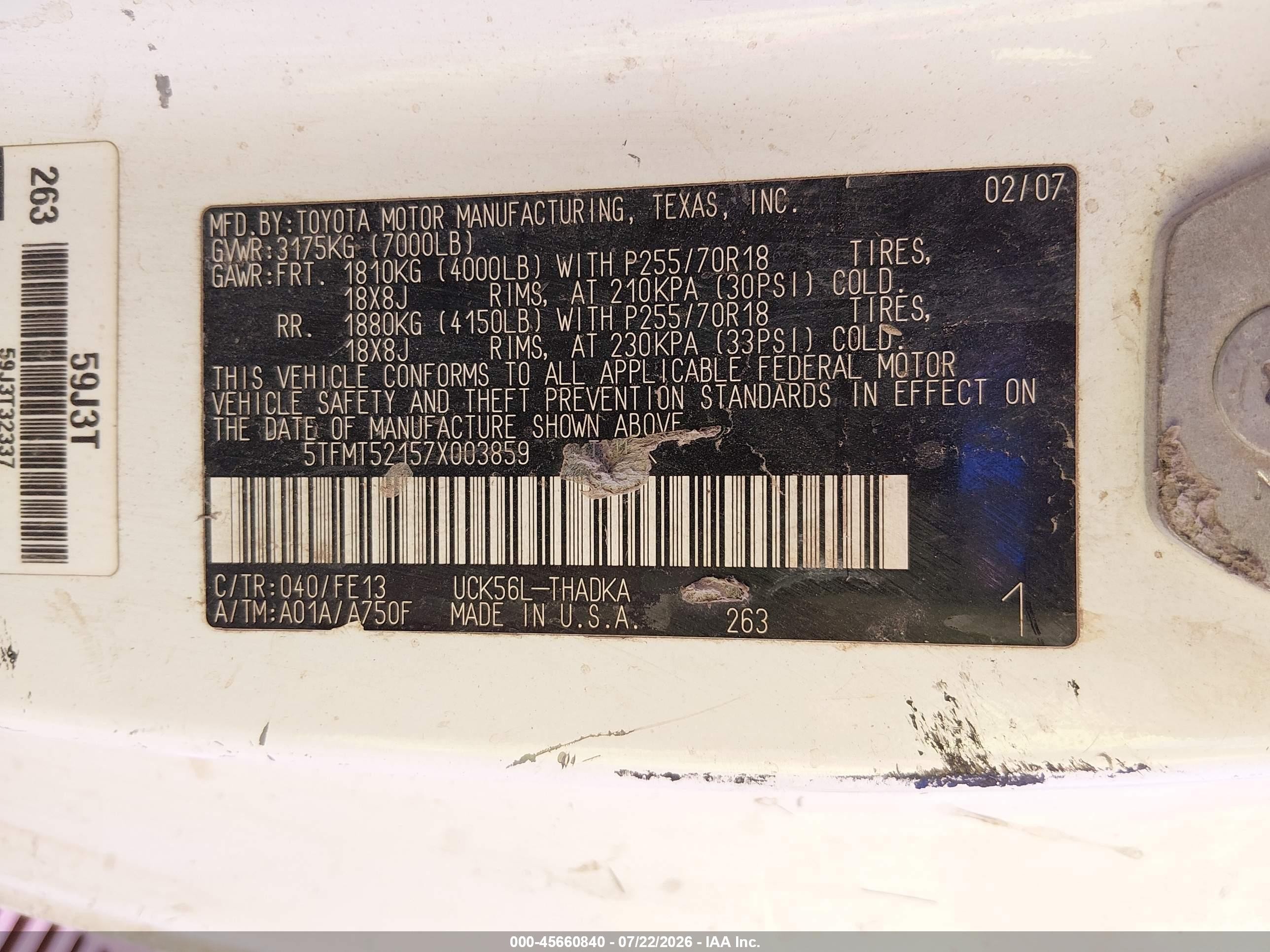 2007 Toyota Tundra Base 4.7l V8 White vin: 5TFMT52157X003859