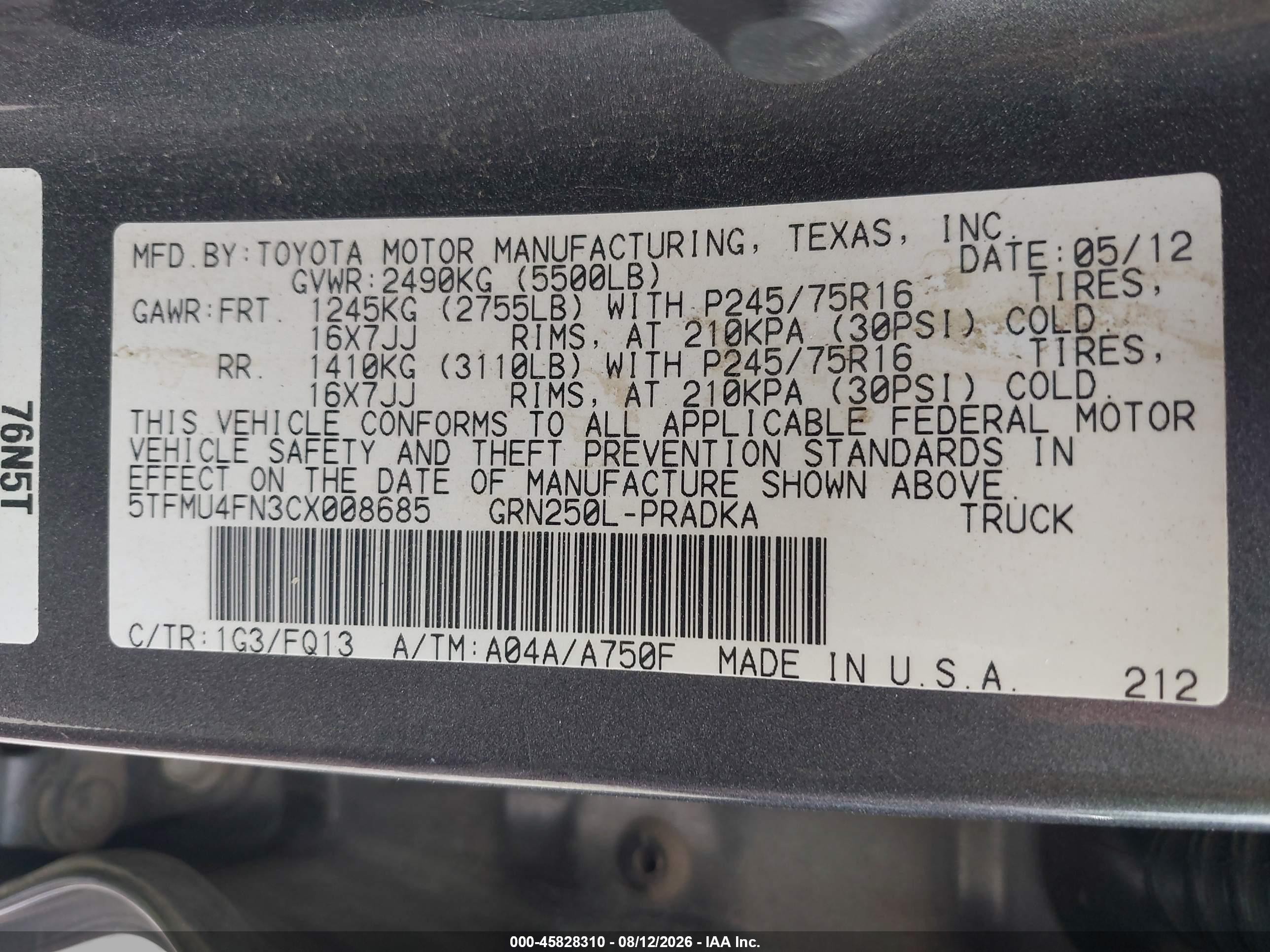 2012 Toyota Tacoma Base V6 Gray vin: 5TFMU4FN3CX008685