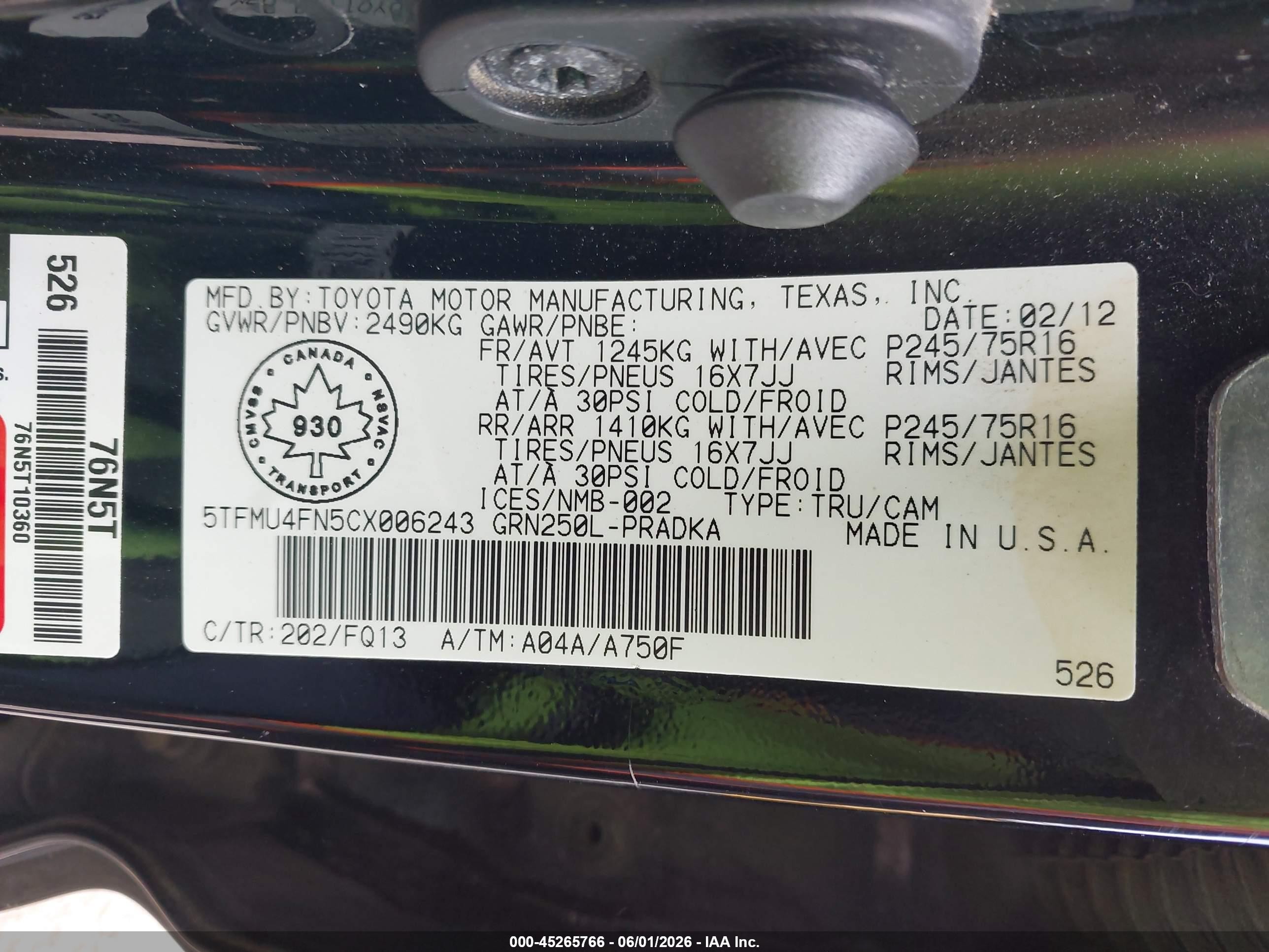 2012 Toyota Tacoma V6 Black vin: 5TFMU4FN5CX006243