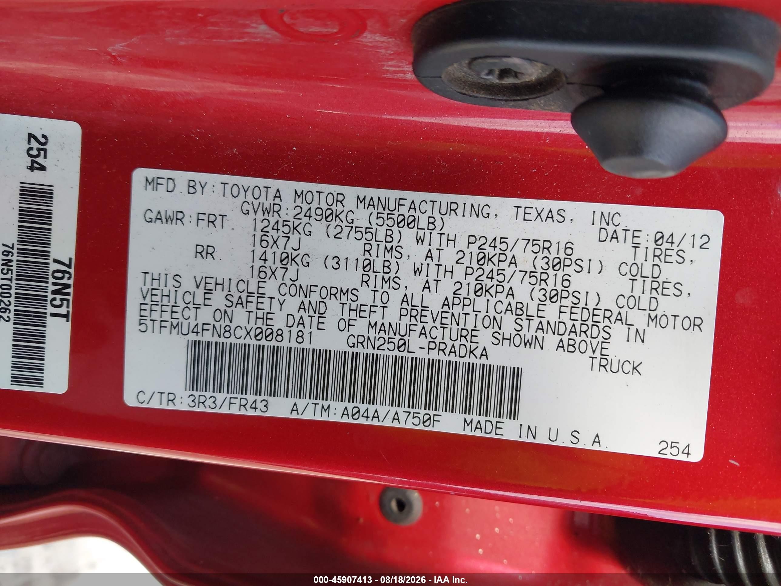 2012 Toyota Tacoma Base V6 Red vin: 5TFMU4FN8CX008181