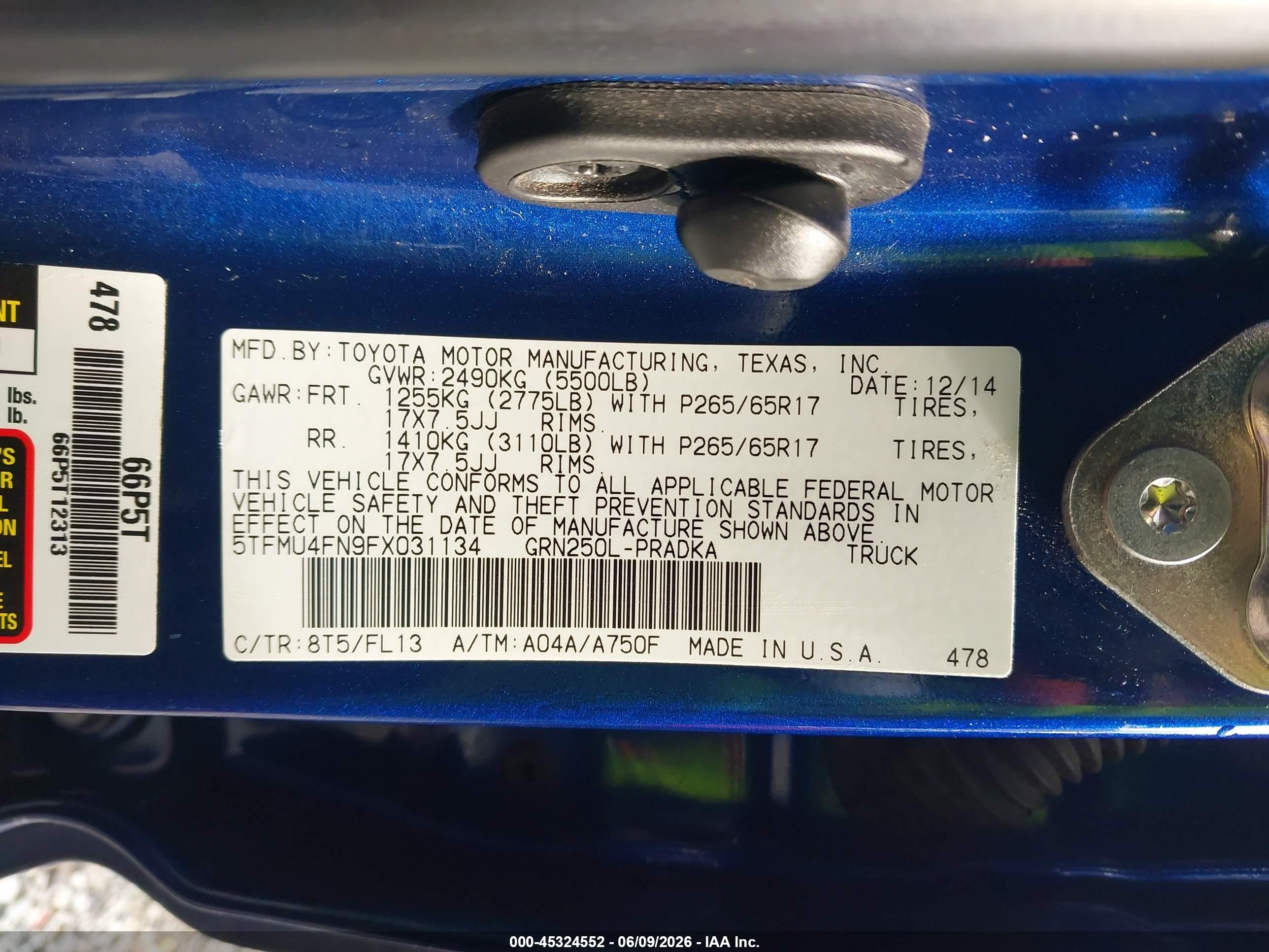 2015 Toyota Tacoma Base V6 Blue vin: 5TFMU4FN9FX031134