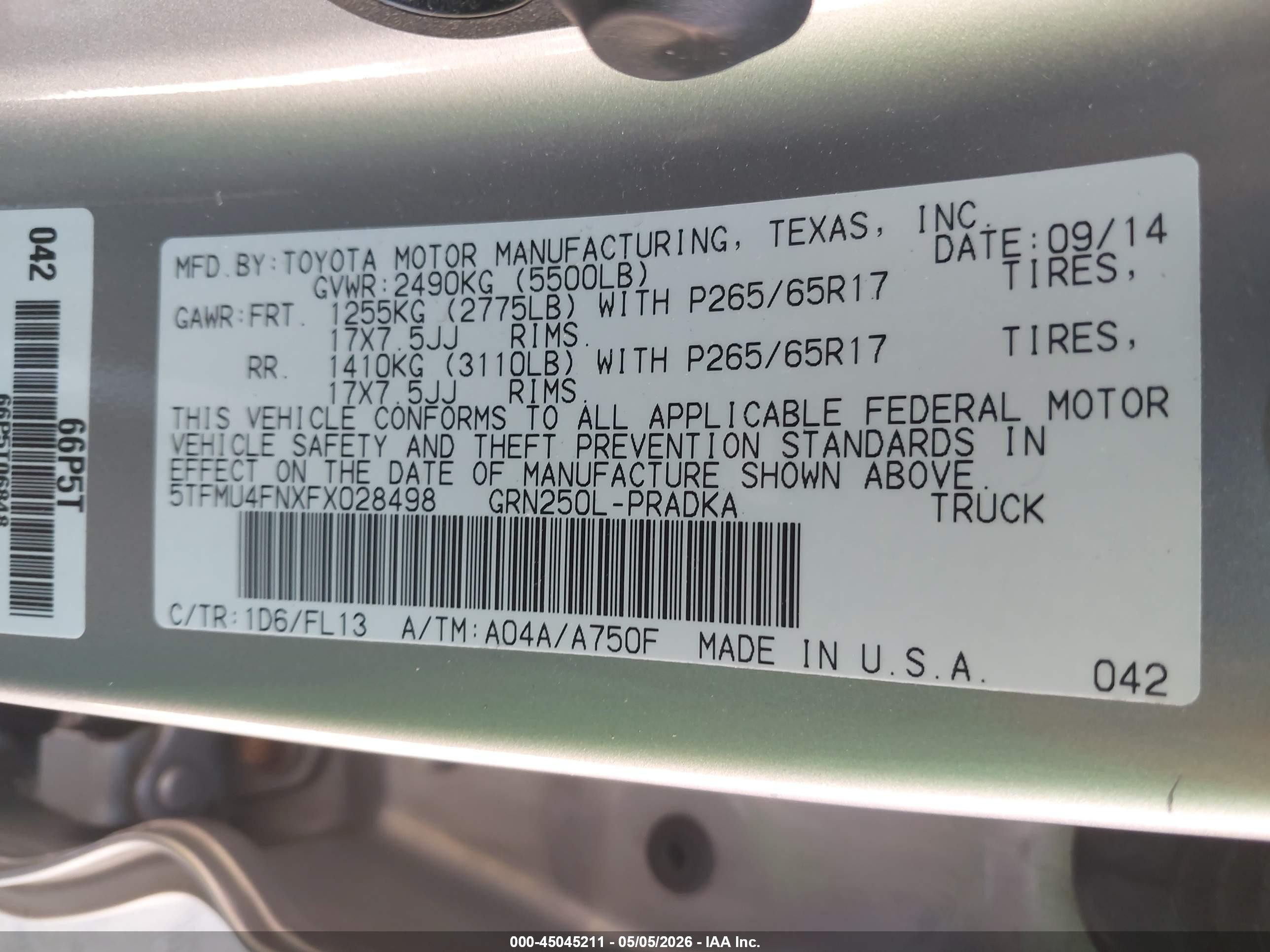 2015 Toyota Tacoma Base V6 Silver vin: 5TFMU4FNXFX028498