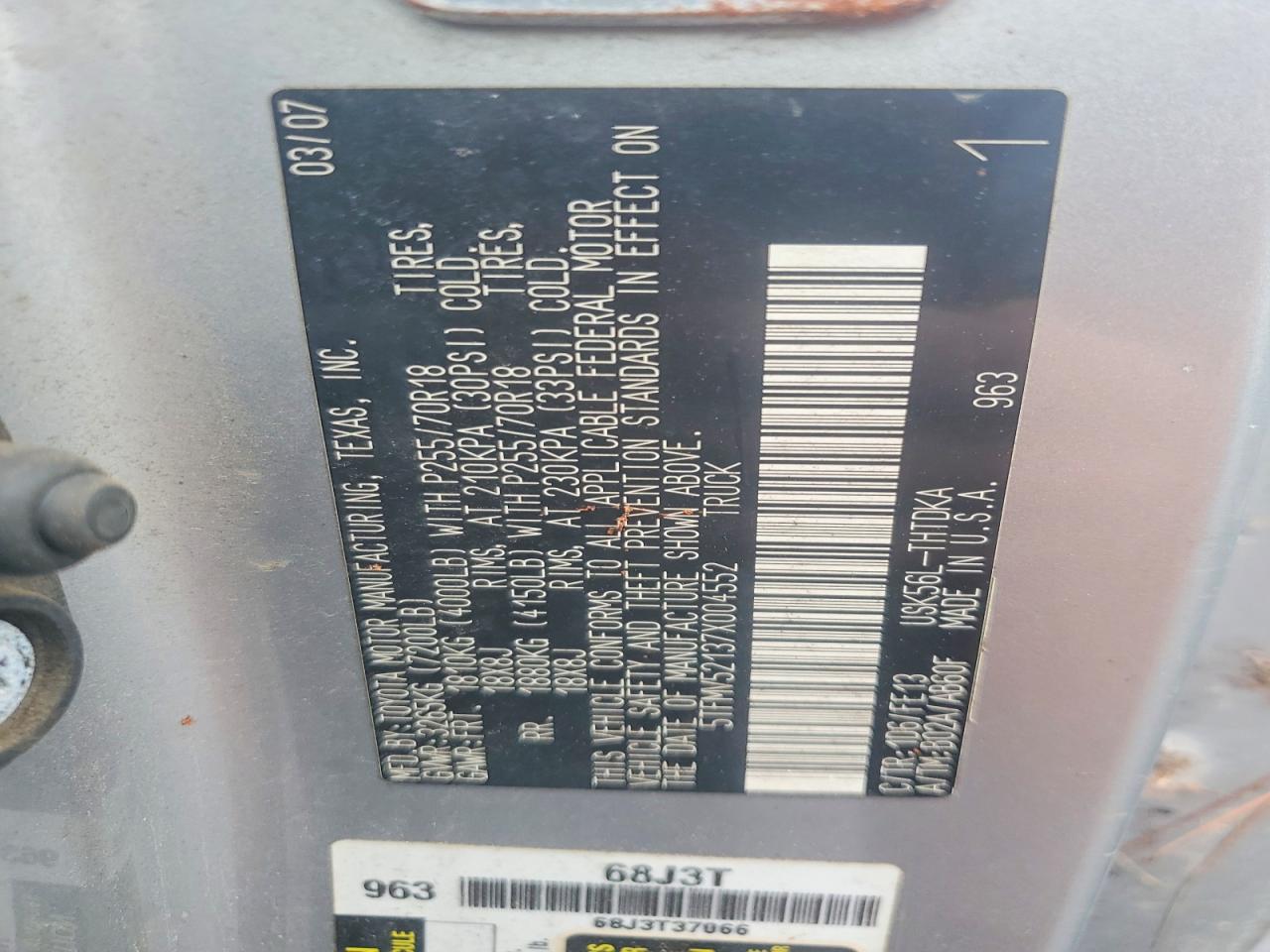 2007 Toyota Tundra Base Silver vin: 5TFMV52137X004552