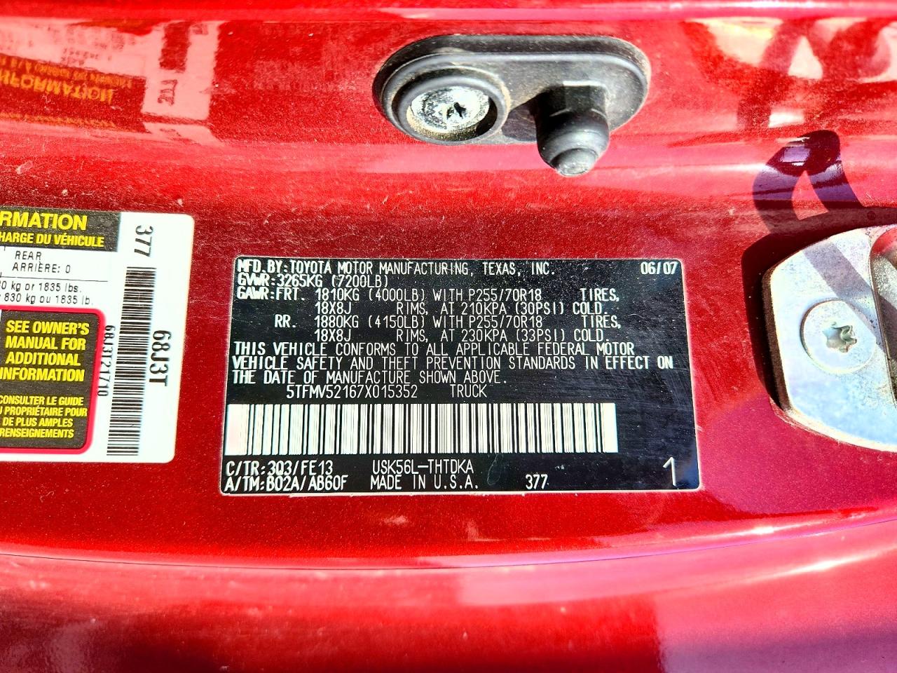2007 Toyota Tundra Base Red vin: 5TFMV52167X015352
