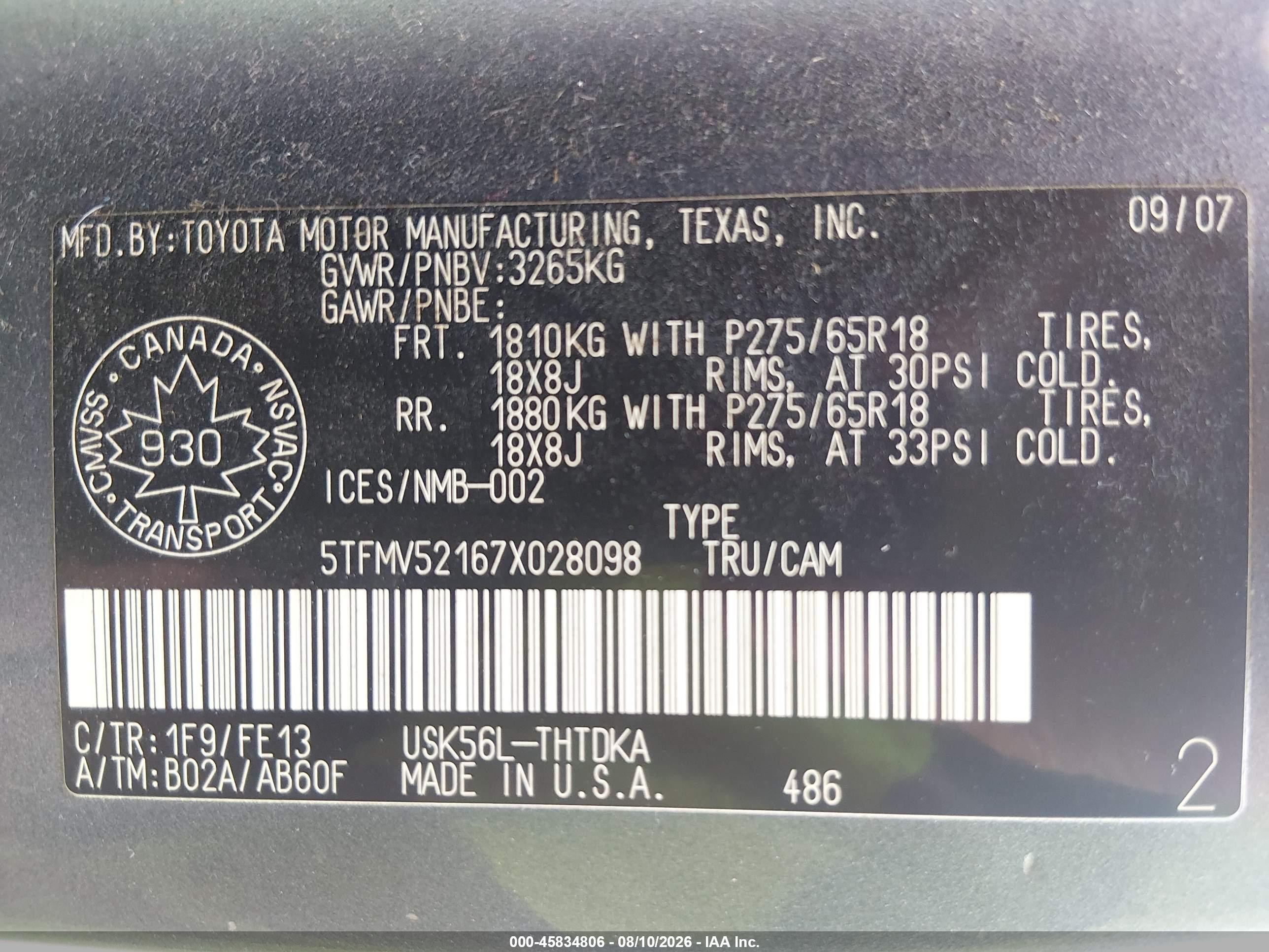 2007 Toyota Tundra Base 5.7l V8 Light Blue vin: 5TFMV52167X028098