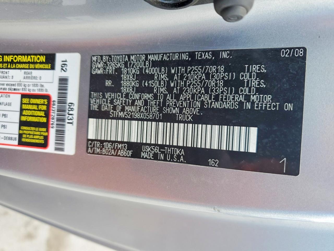 2008 Toyota Tundra Grade Серебряный vin: 5TFMV52198X058701