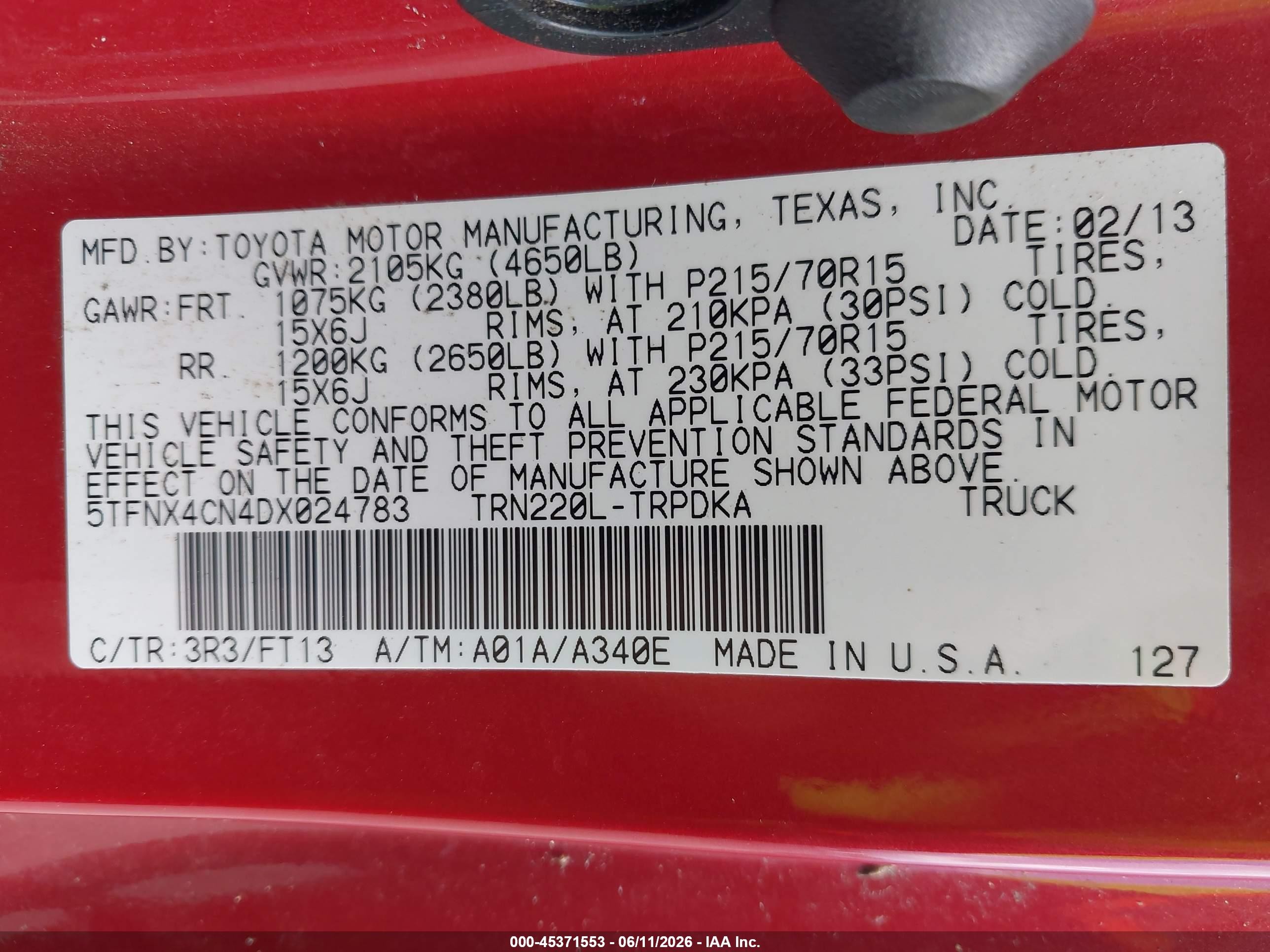 2013 Toyota Tacoma   Red vin: 5TFNX4CN4DX024783