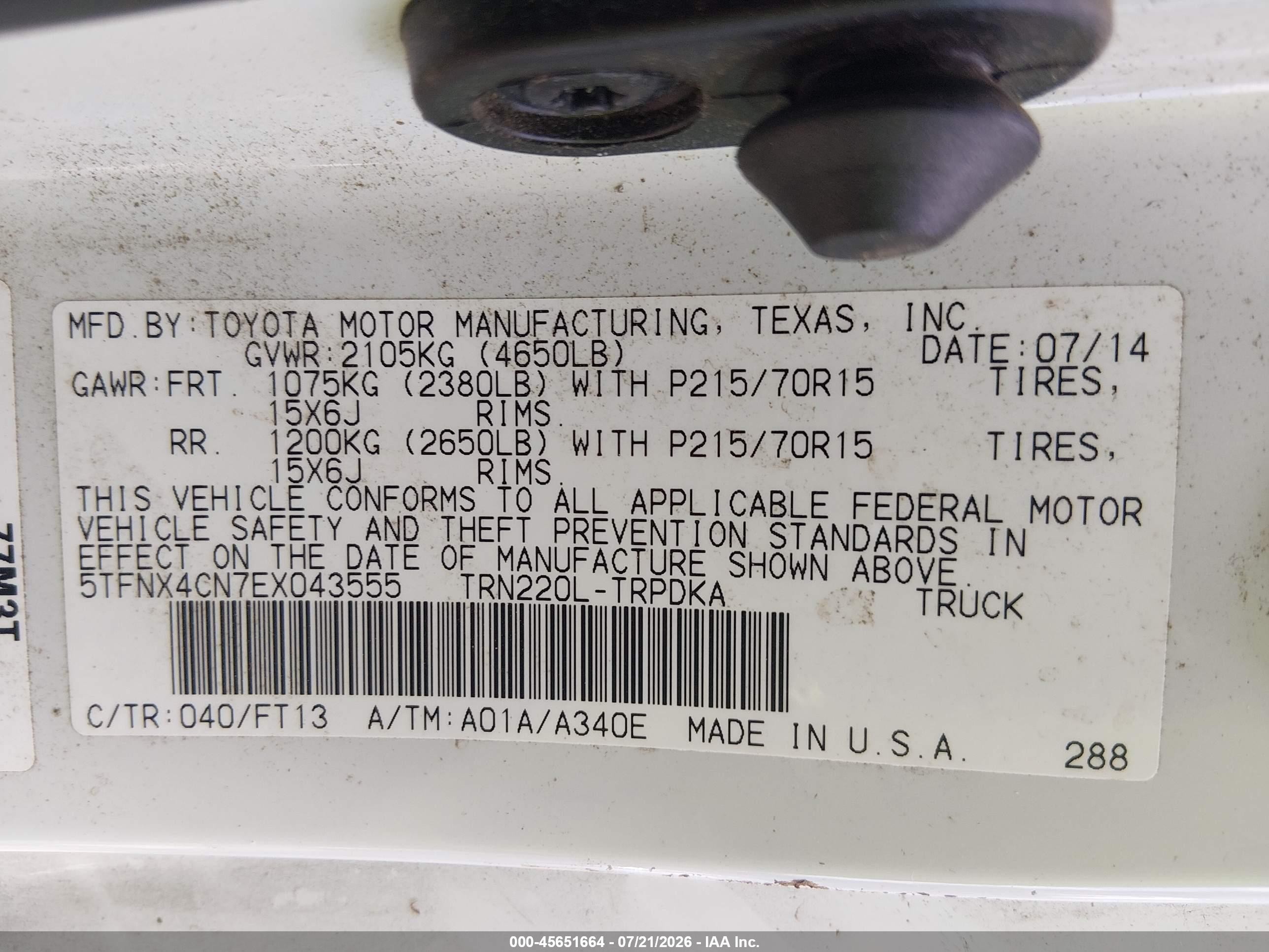 2014 Toyota Tacoma   White vin: 5TFNX4CN7EX043555