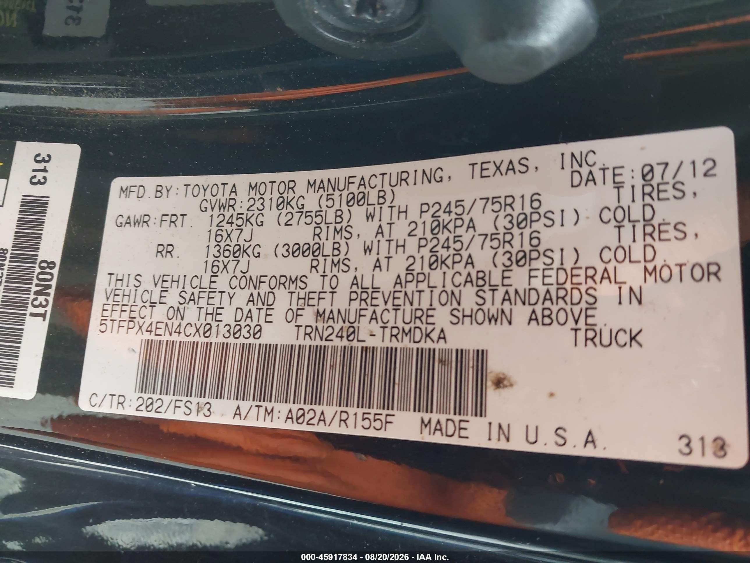 2012 Toyota Tacoma   Black vin: 5TFPX4EN4CX013030