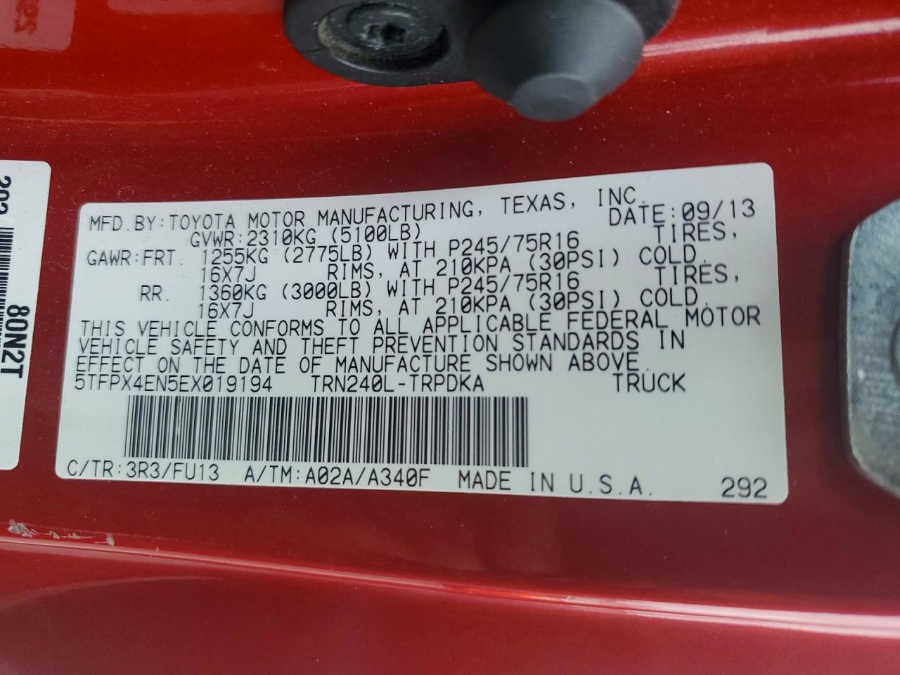 Toyota Tacoma Maroon vin: 5TFPX4EN5EX019194