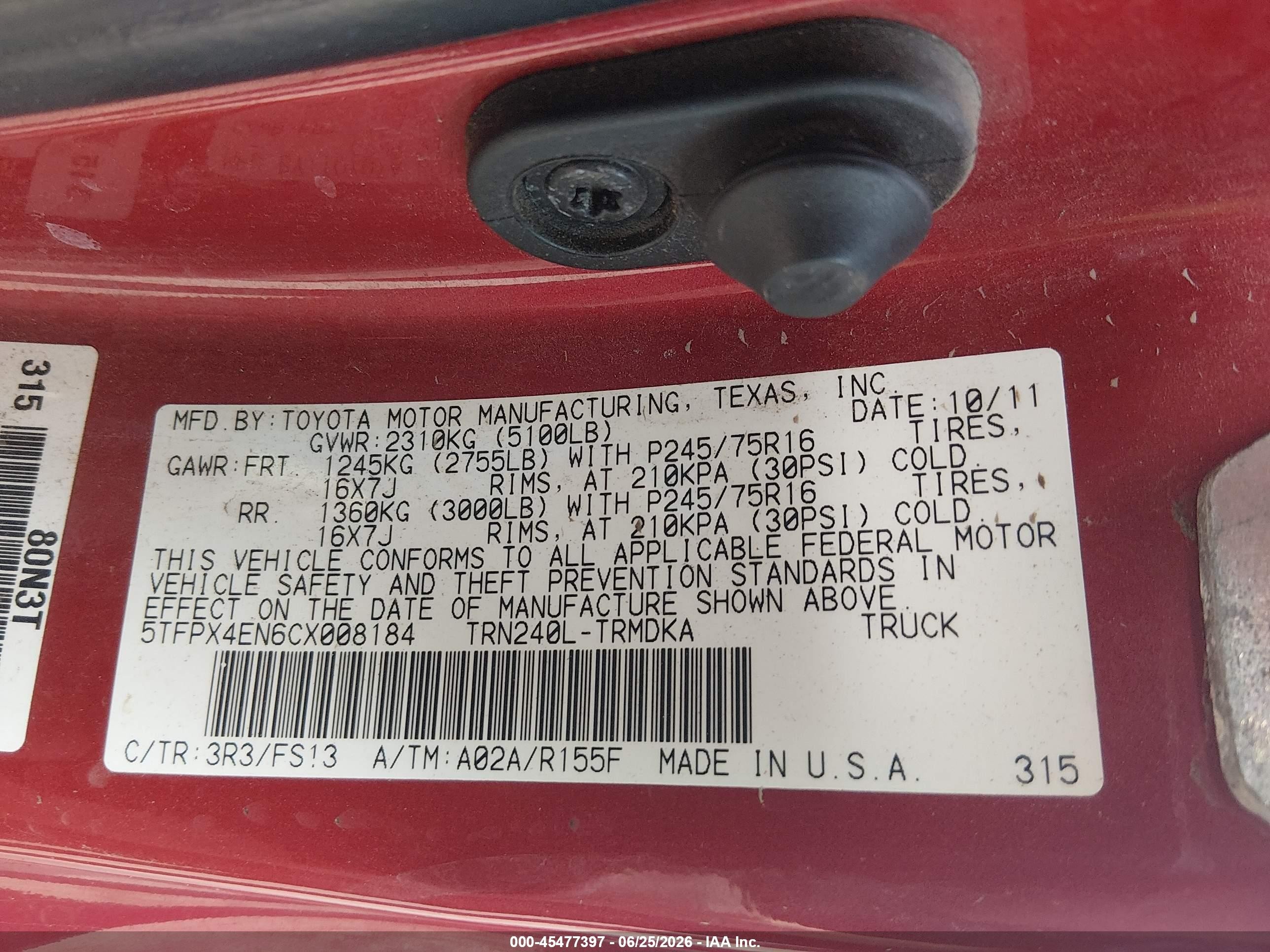 2012 Toyota Tacoma   Red vin: 5TFPX4EN6CX008184