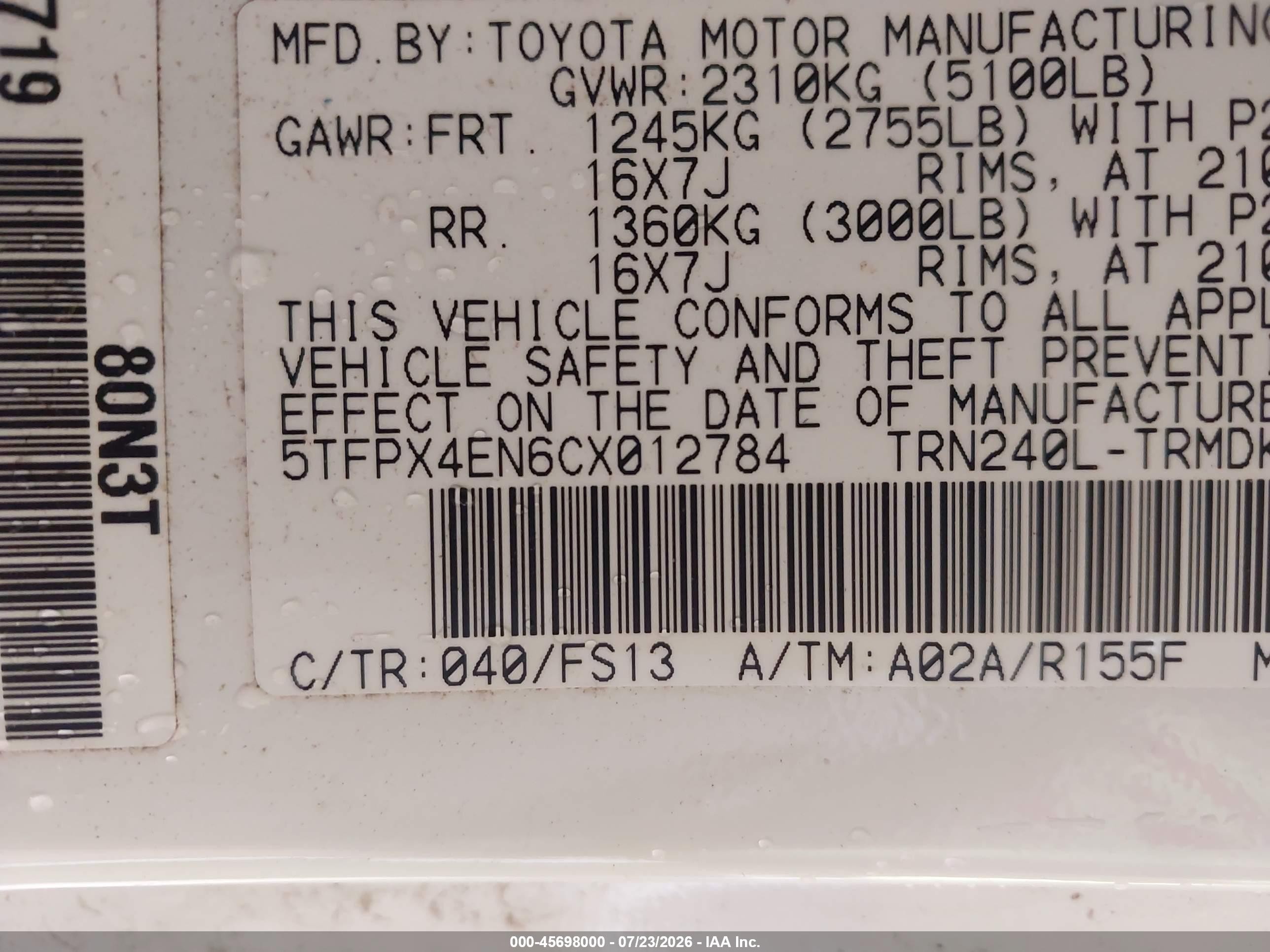 2012 Toyota Tacoma   White vin: 5TFPX4EN6CX012784