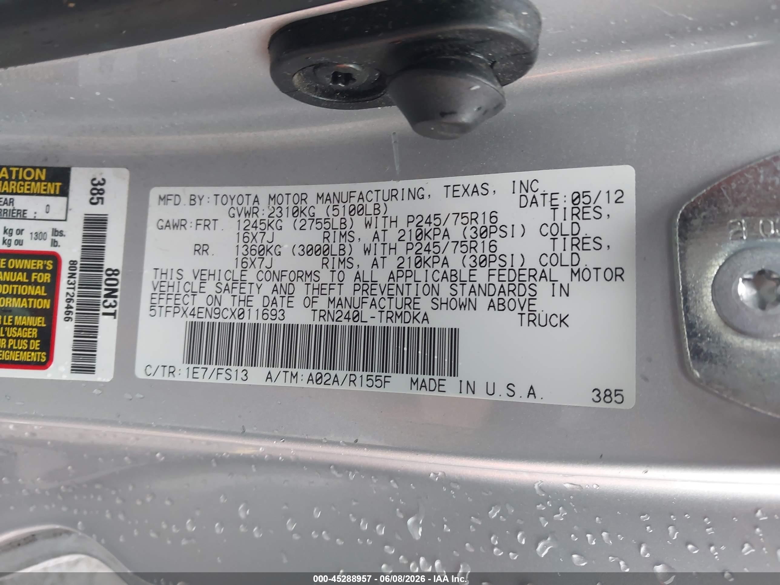 2012 Toyota Tacoma   Silver vin: 5TFPX4EN9CX011693
