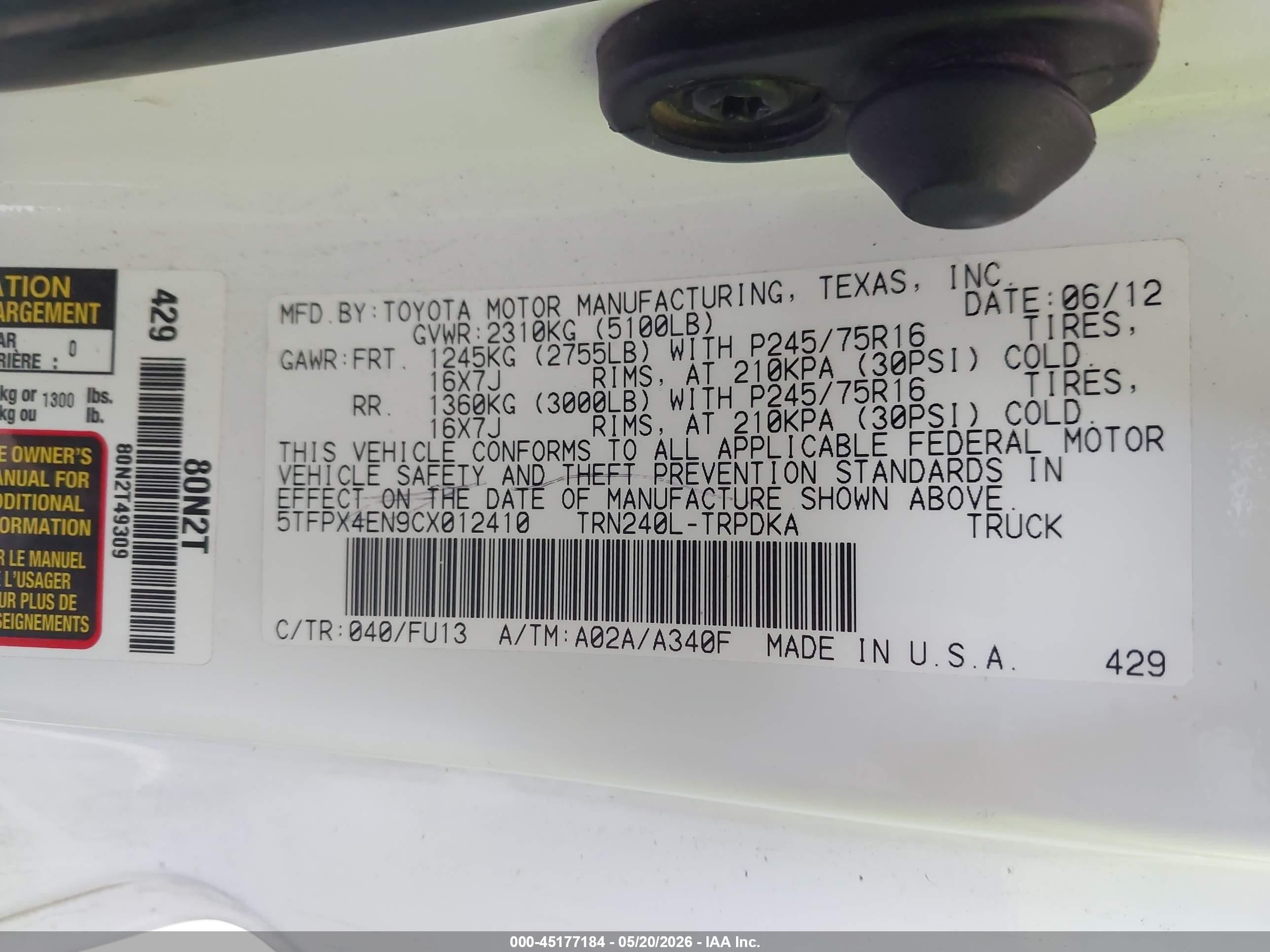 2012 Toyota Tacoma   White vin: 5TFPX4EN9CX012410