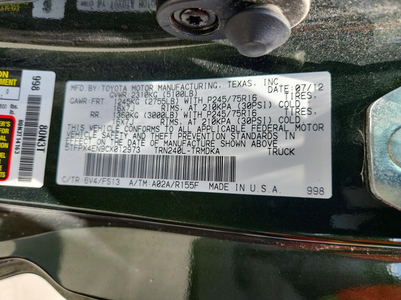 2012 Toyota Tacoma Base Green vin: 5TFPX4EN9CX012973