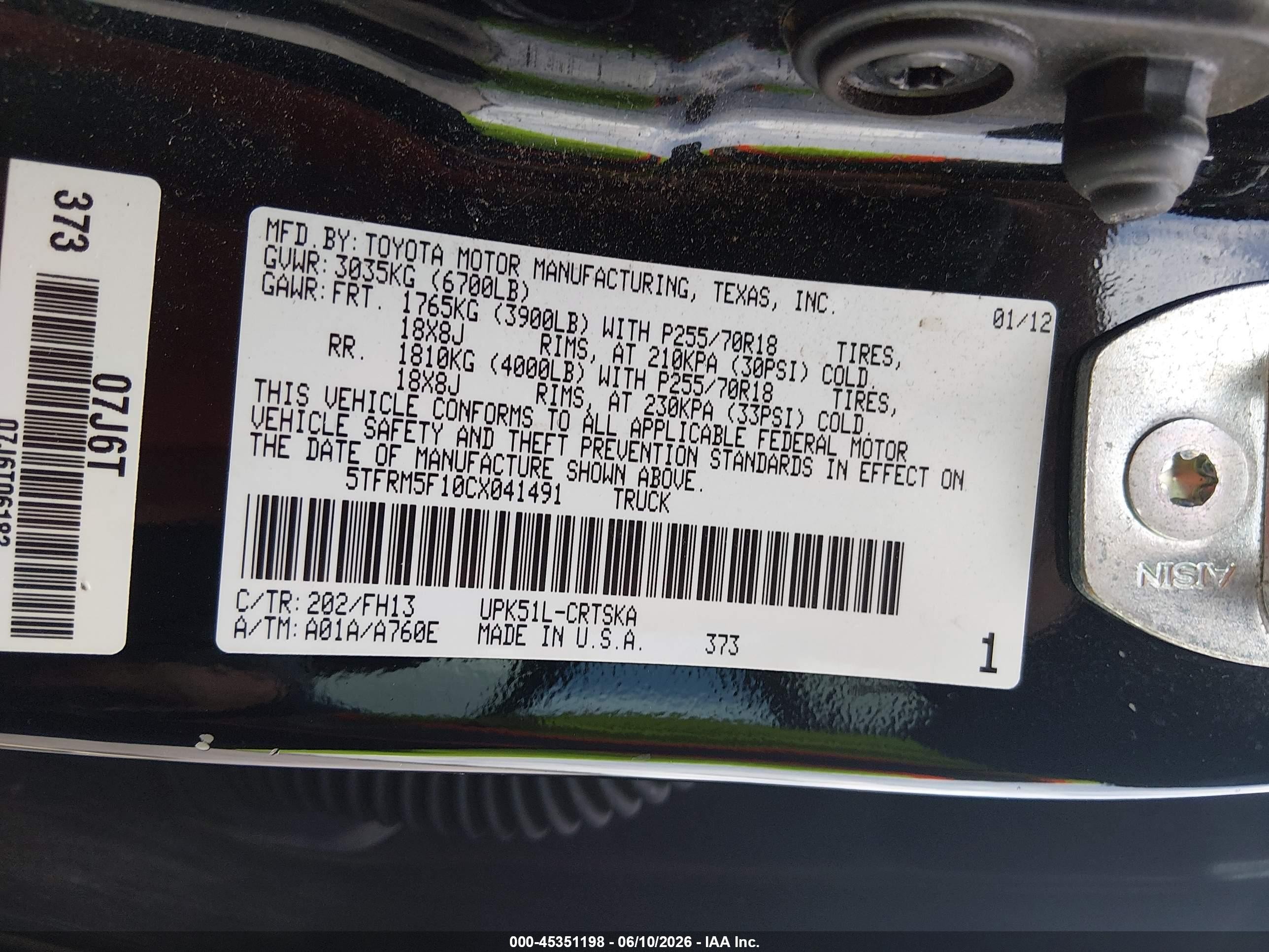 2012 Toyota Tundra Grade 4.6l V8 Black vin: 5TFRM5F10CX041491