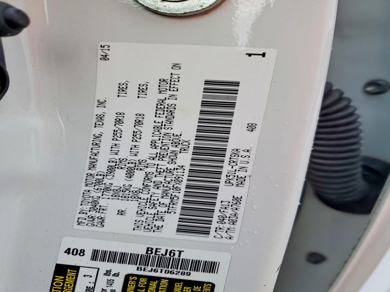 2015 Toyota Tundra Sr White vin: 5TFRM5F10FX091134