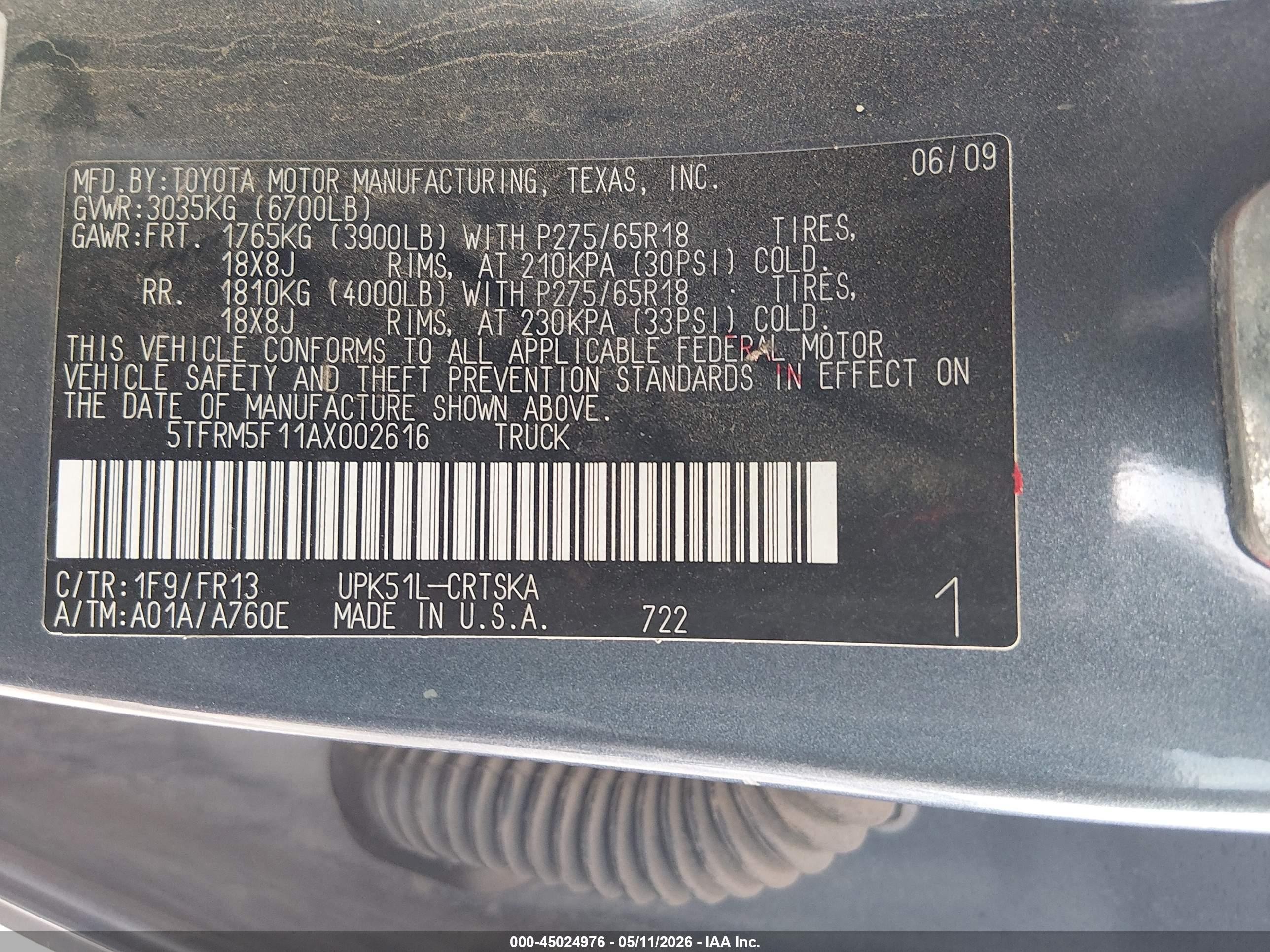 2010 Toyota Tundra Grade 4.6l V8 Серый vin: 5TFRM5F11AX002616