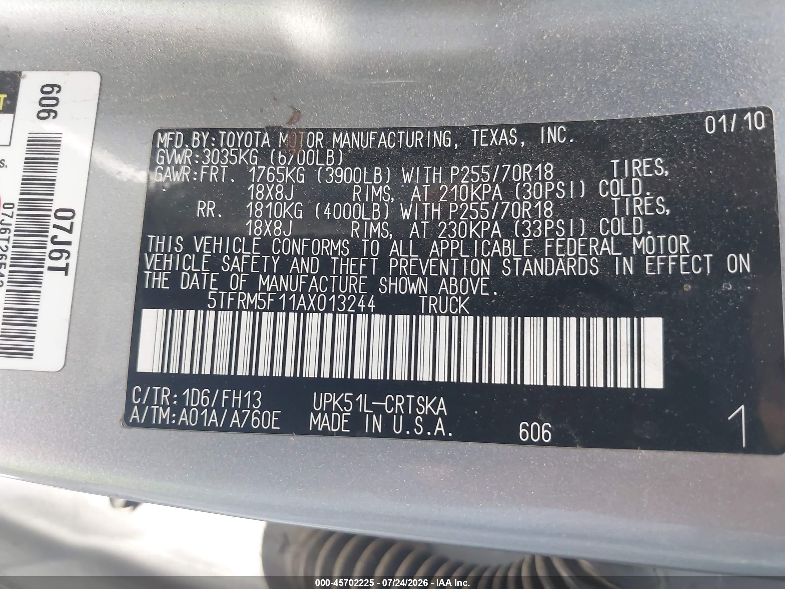 2010 Toyota Tundra Grade 4.6l V8 White vin: 5TFRM5F11AX013244
