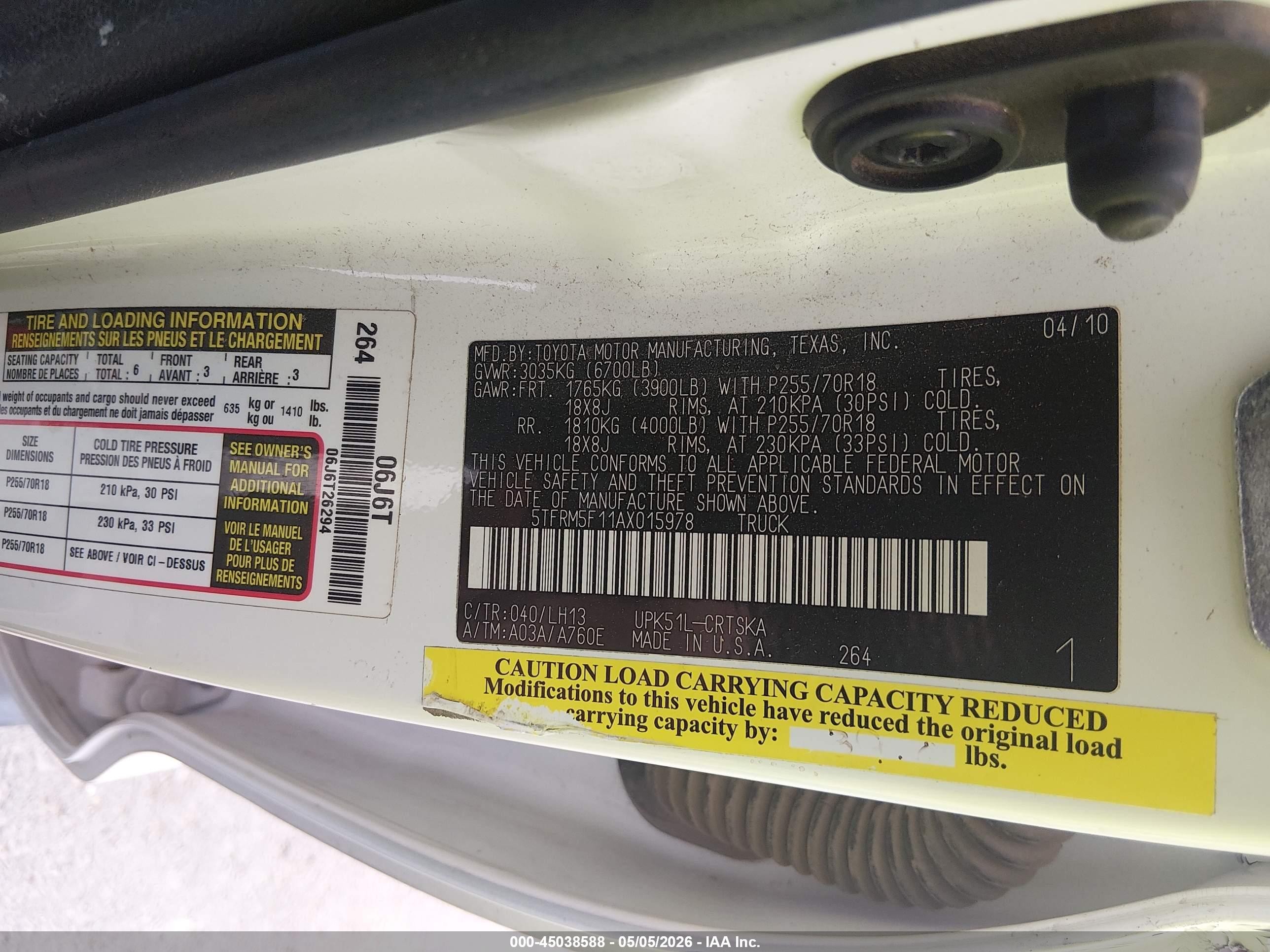 2010 Toyota Tundra Grade 4.6l V8 White vin: 5TFRM5F11AX015978