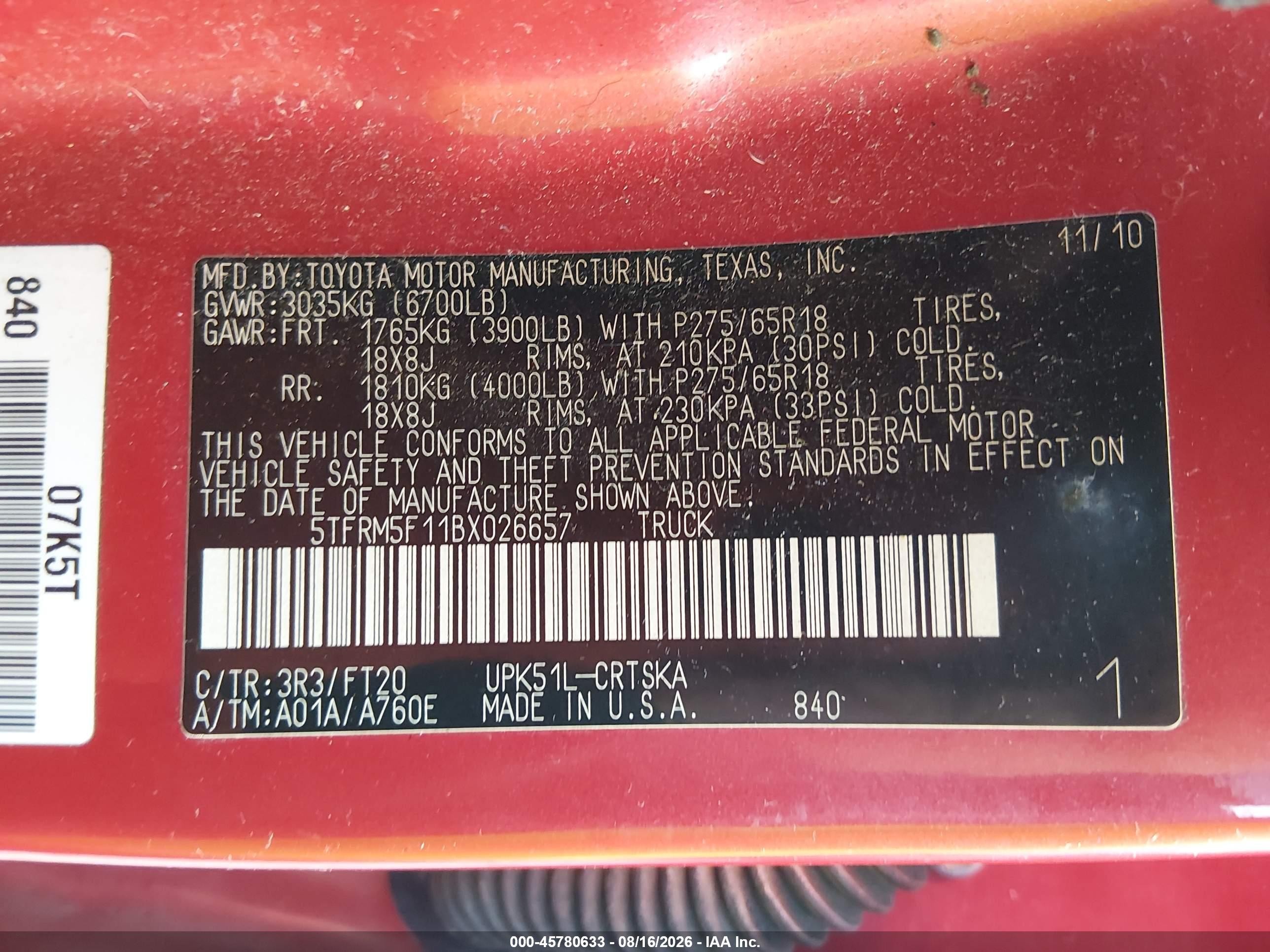 2011 Toyota Tundra Grade 4.6l V8 Red vin: 5TFRM5F11BX026657