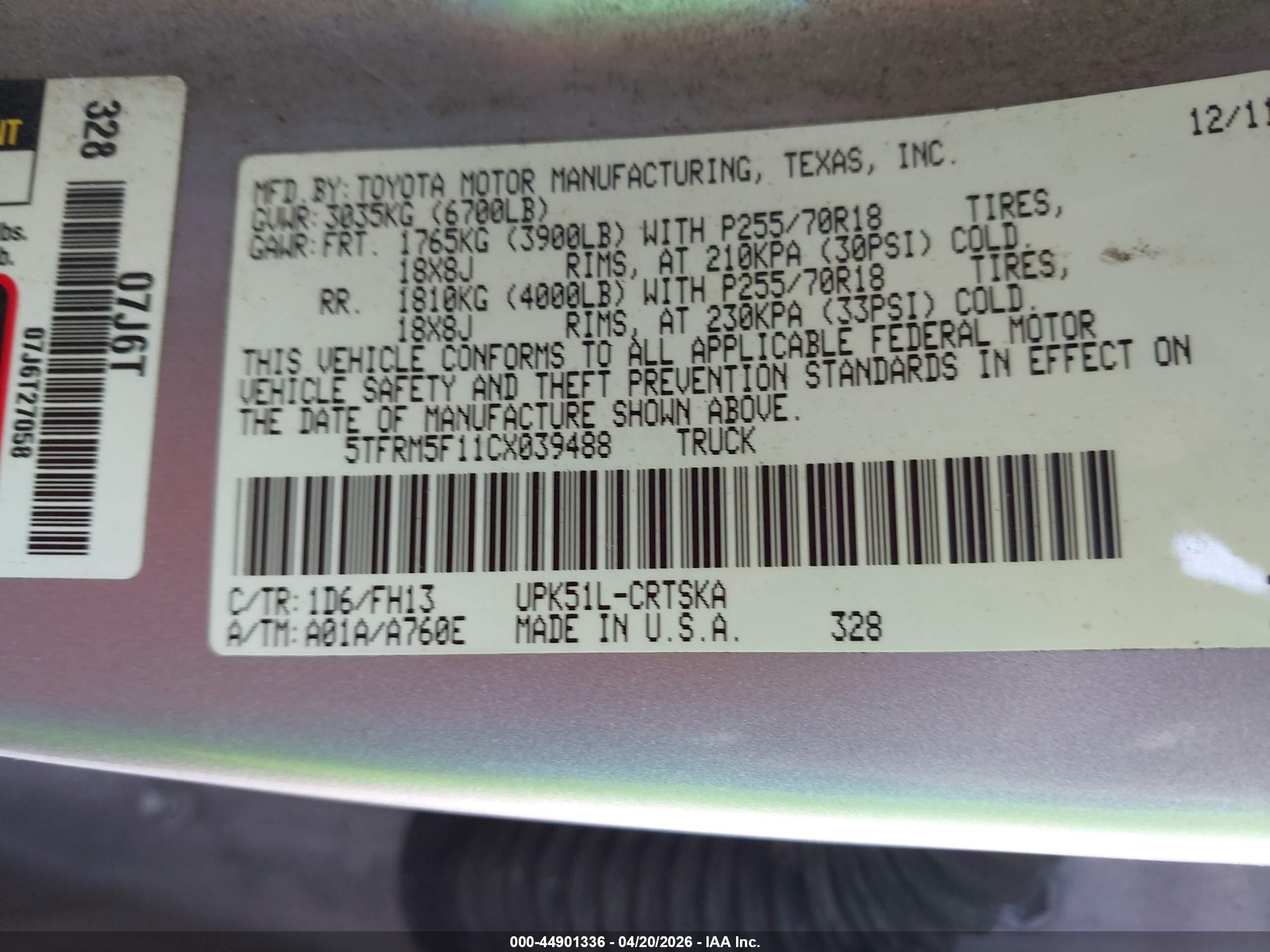 2012 Toyota Tundra Grade 4.6l V8 Silver vin: 5TFRM5F11CX039488