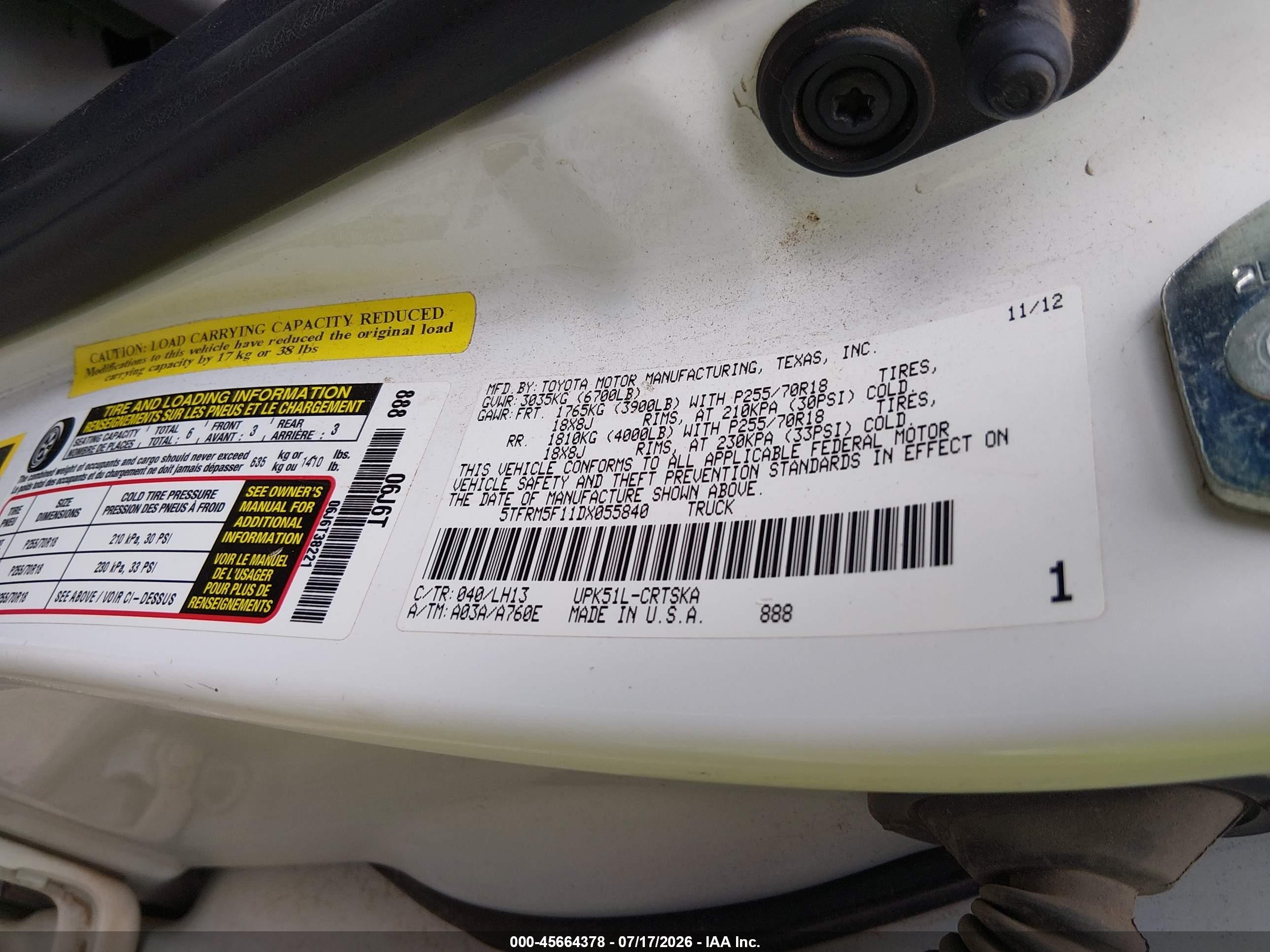 2013 Toyota Tundra Grade 4.6l V8 White vin: 5TFRM5F11DX055840
