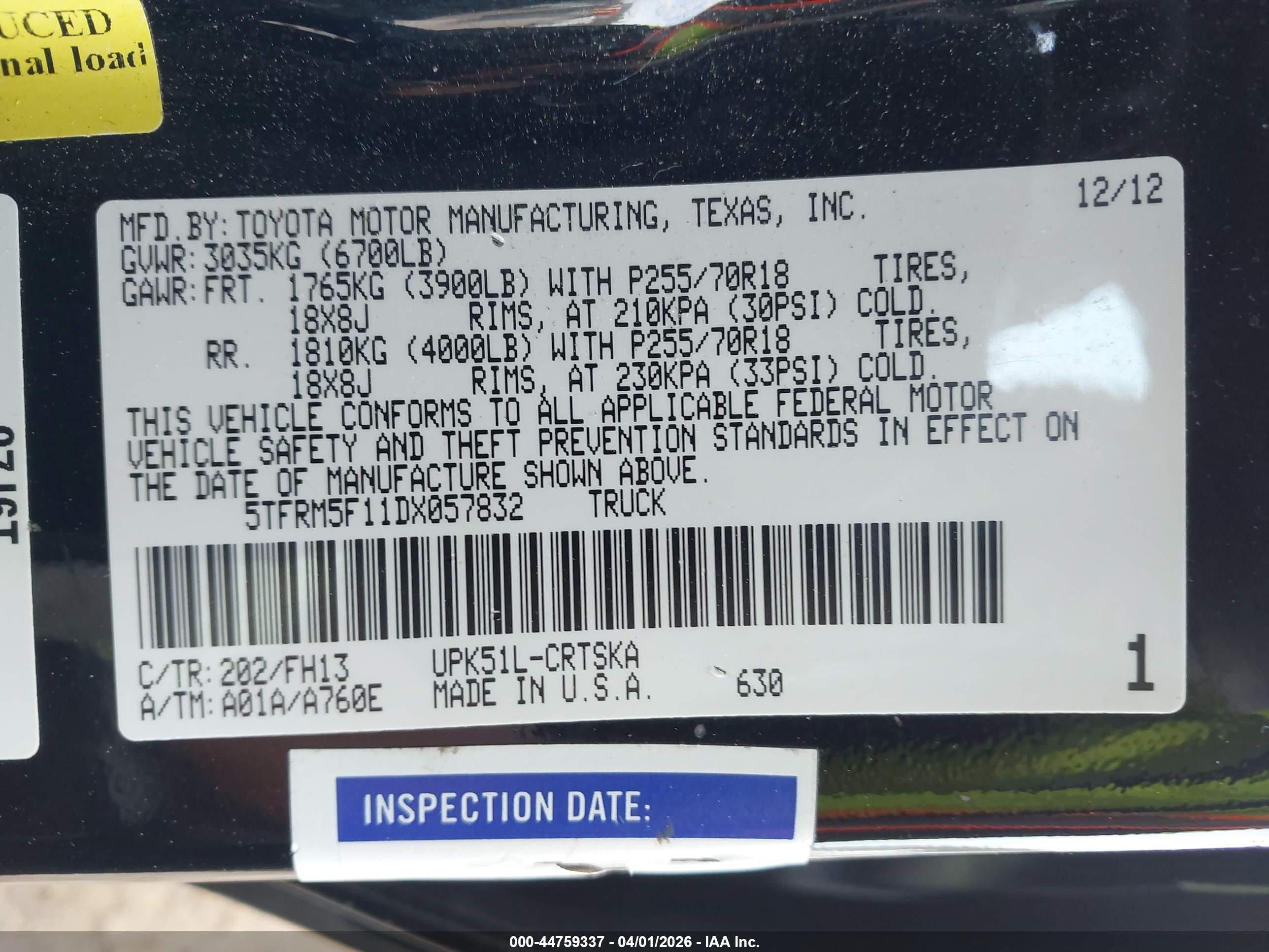 2013 Toyota Tundra Grade 4.6l V8 Black vin: 5TFRM5F11DX057832