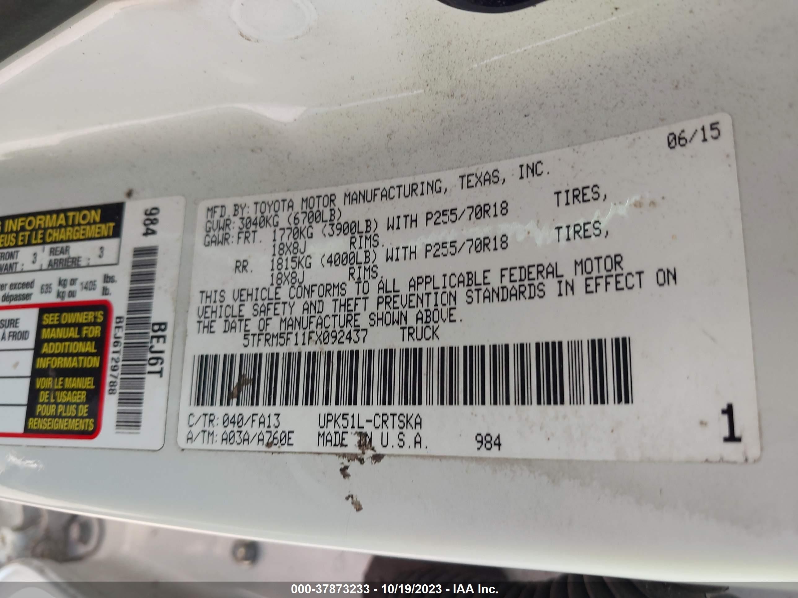 2015 Toyota Tundra Sr 4.6l V8 Белый vin: 5TFRM5F11FX092437