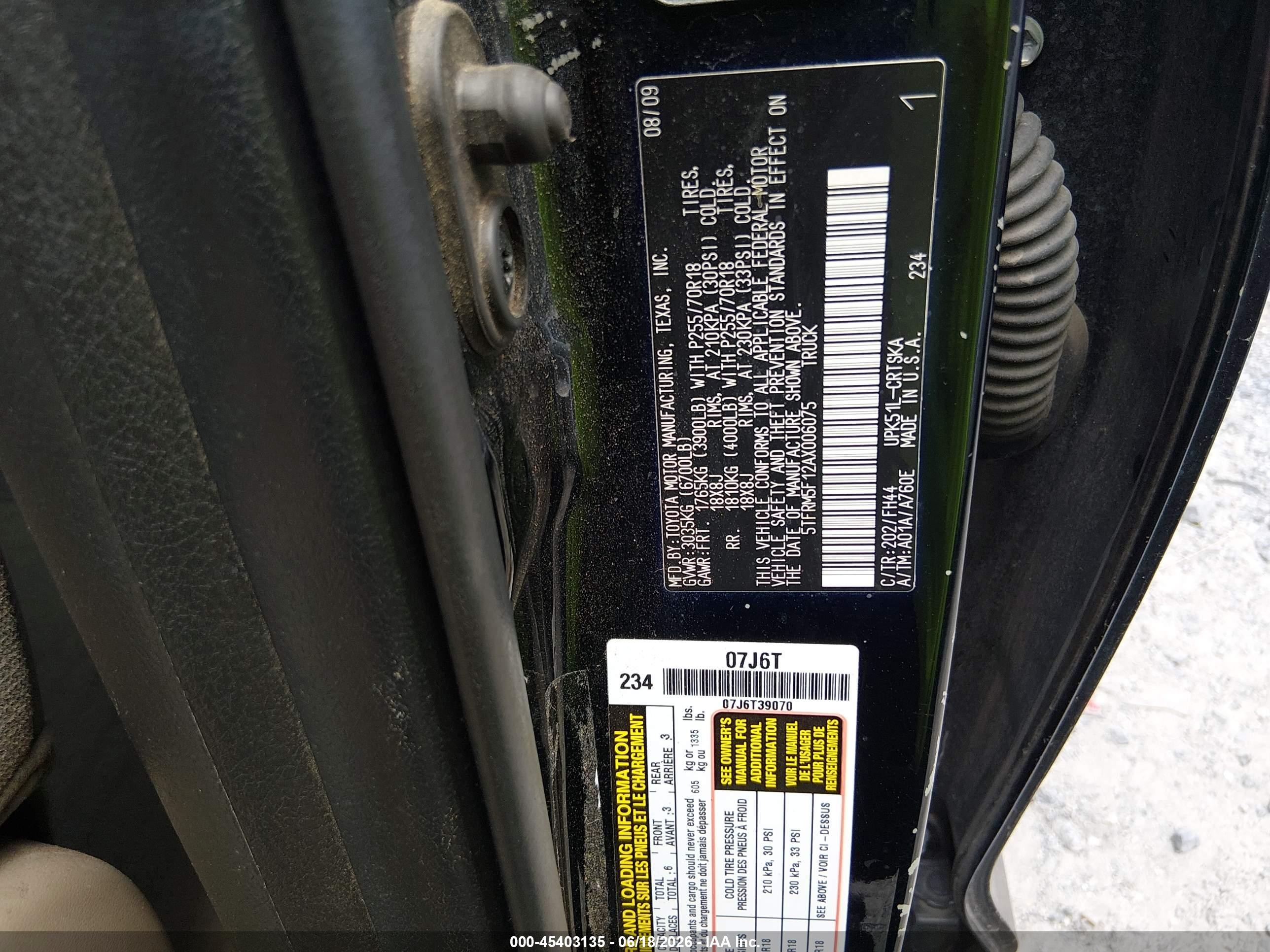 2010 Toyota Tundra Grade 4.6l V8 Black vin: 5TFRM5F12AX006075