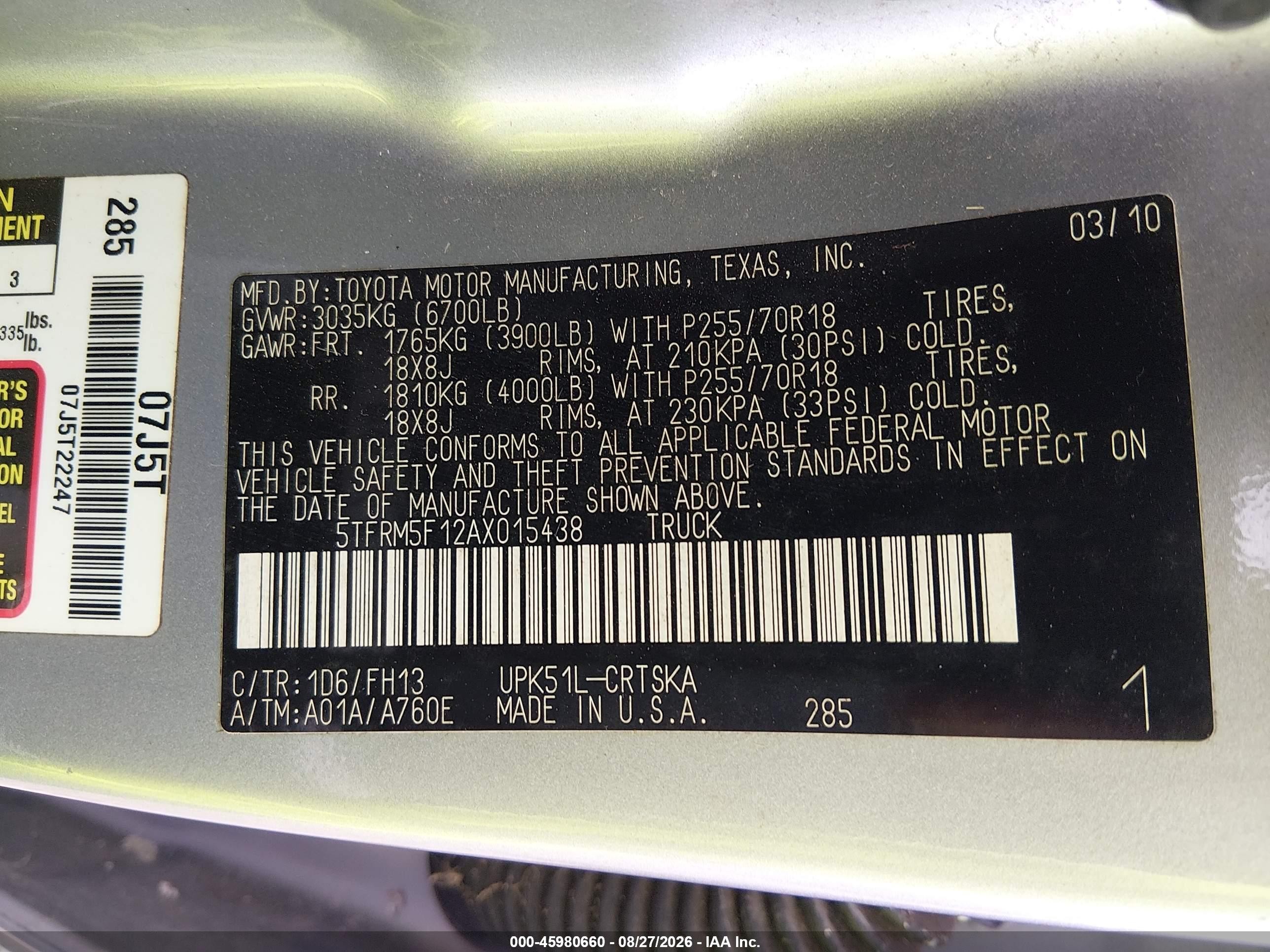 2010 Toyota Tundra Grade 4.6l V8 Серебряный vin: 5TFRM5F12AX015438